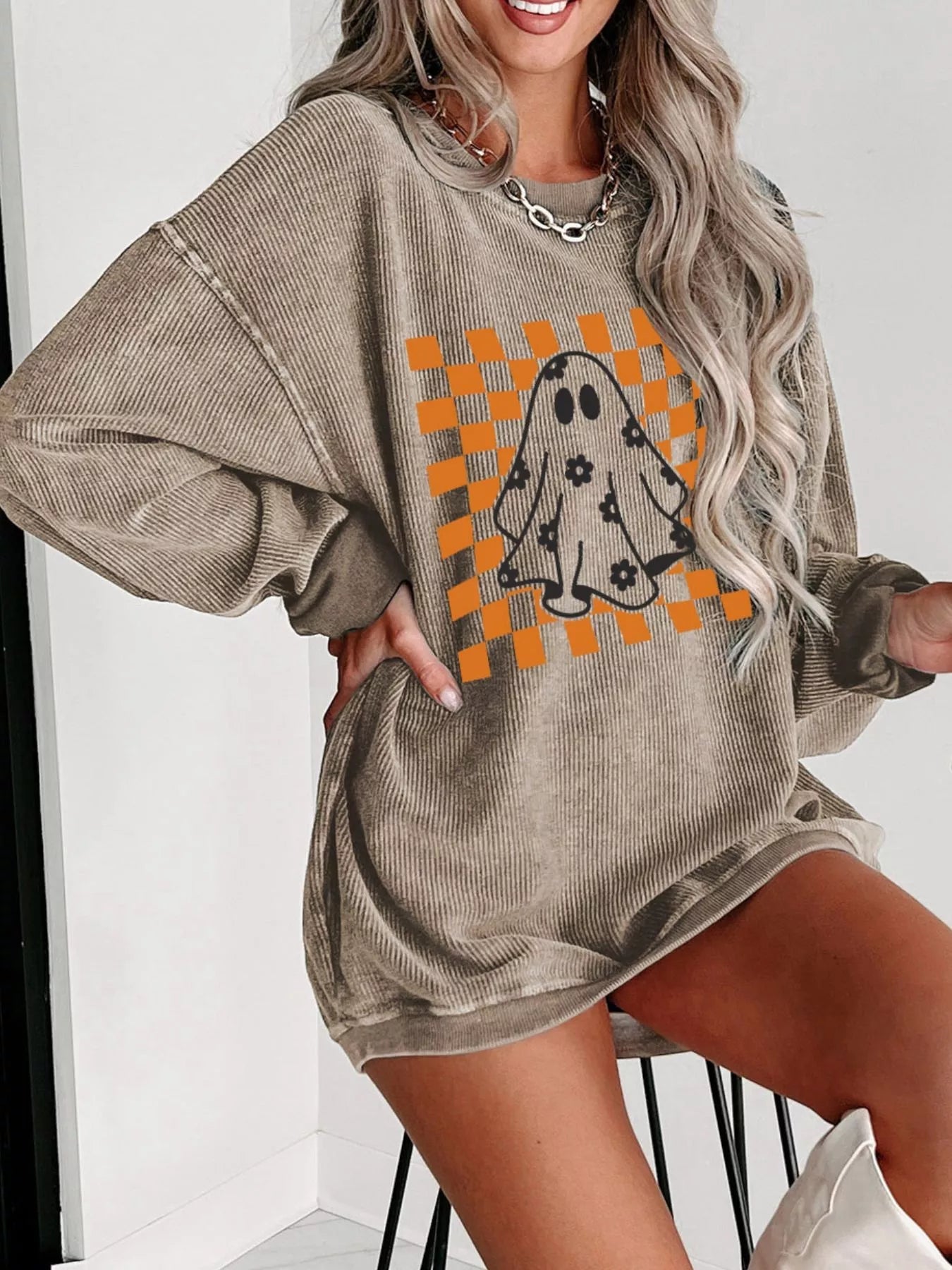 Halloween Checkerboard Floral Ghost Graphic Corded Sweatshirt designed for comfort and style at Lookzlike