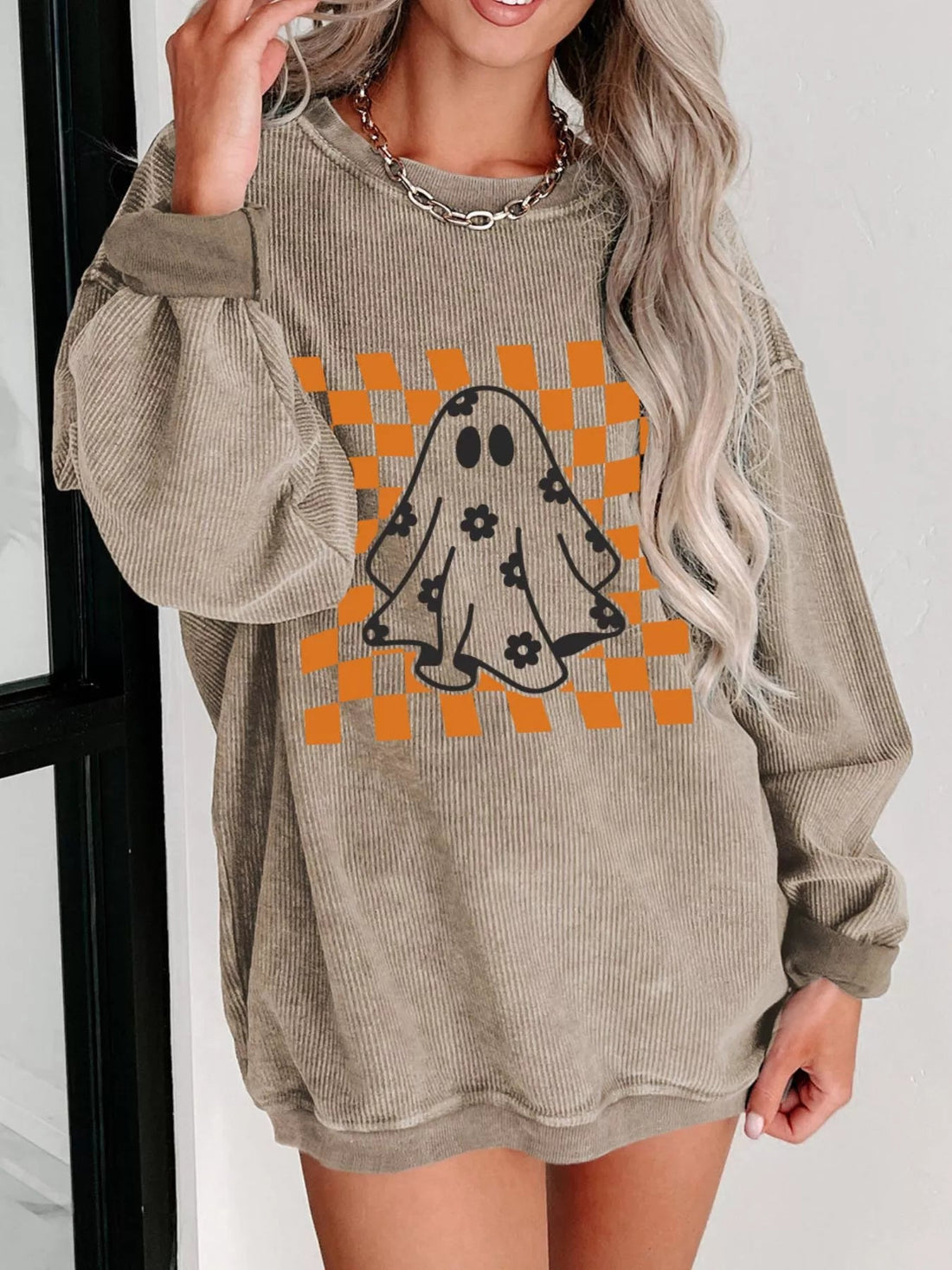 Halloween Checkerboard Floral Ghost Graphic Corded Sweatshirt designed for comfort and style at Lookzlike