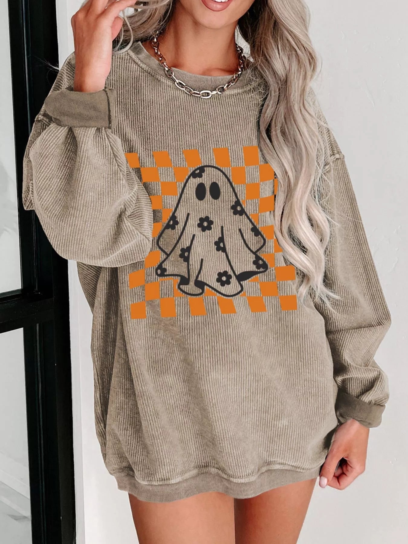 Halloween Checkerboard Floral Ghost Graphic Corded Sweatshirt designed for comfort and style at Lookzlike
