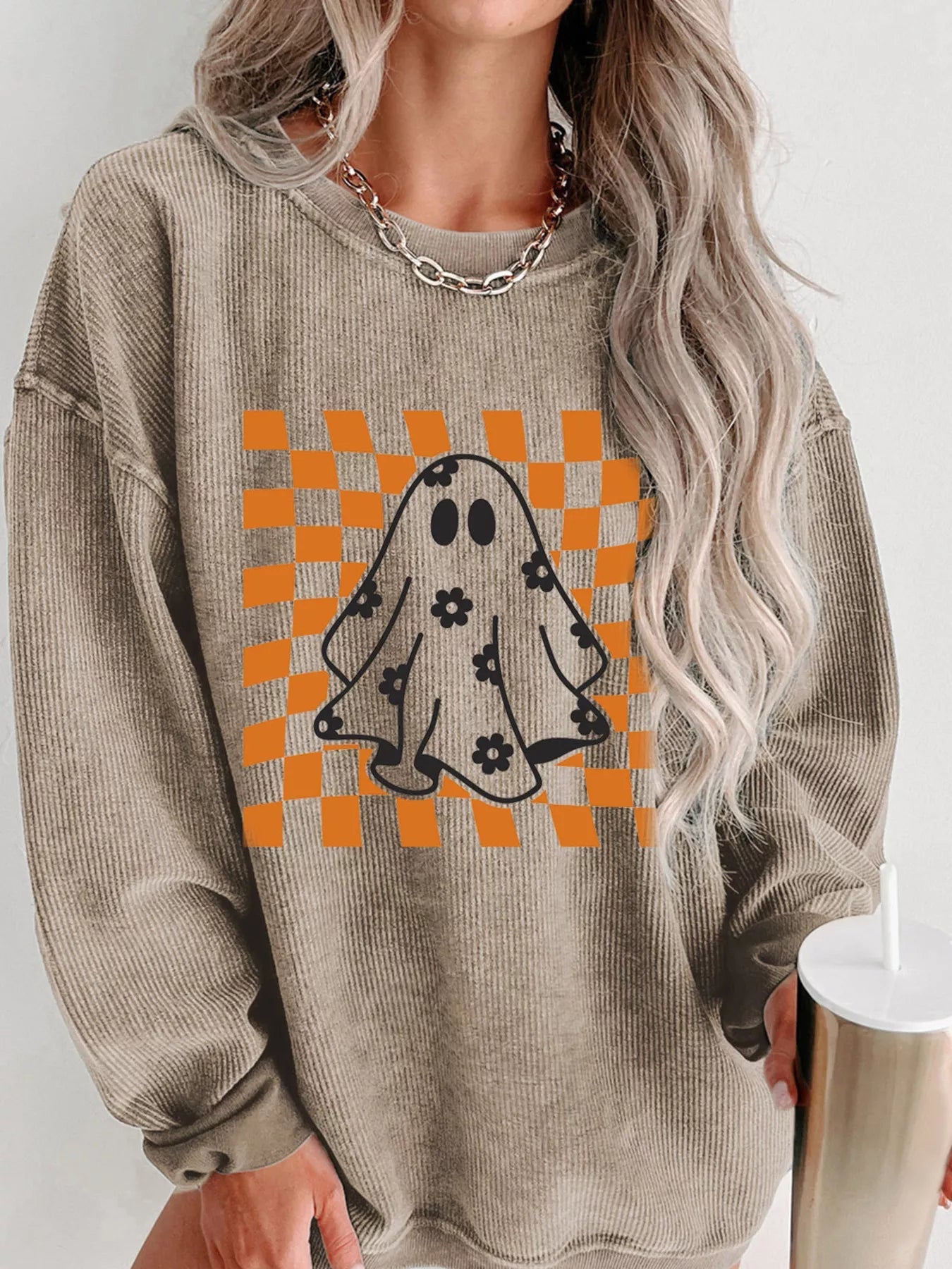 Halloween Checkerboard Floral Ghost Graphic Corded Sweatshirt designed for comfort and style at Lookzlike