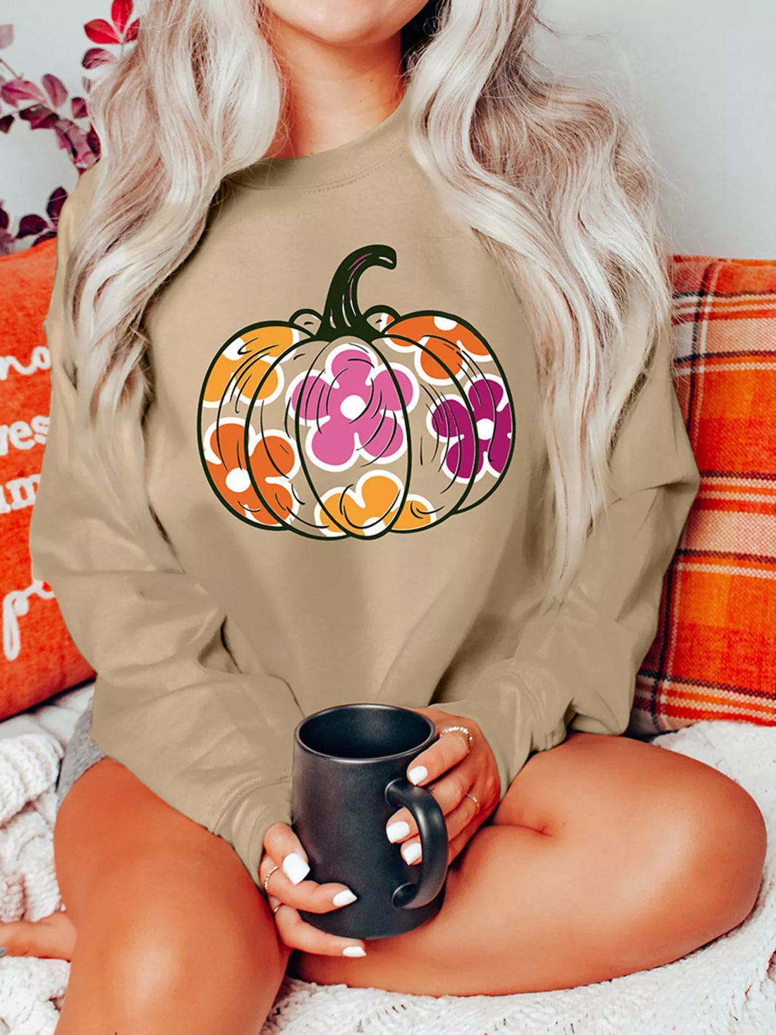 Halloween Floral Pumpkin Graphic Drop Shoulder Sweatshirt designed for comfort and style at Lookzlike