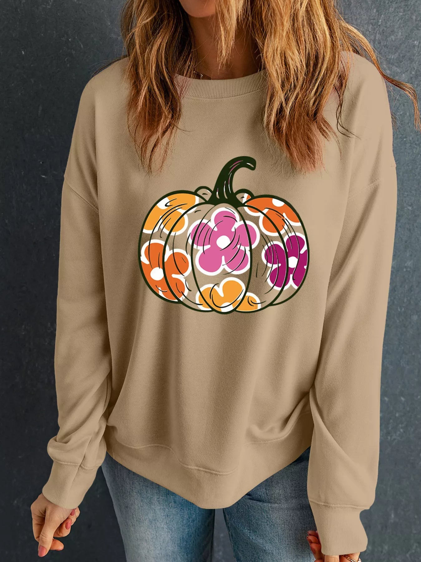 Halloween Floral Pumpkin Graphic Drop Shoulder Sweatshirt designed for comfort and style at Lookzlike