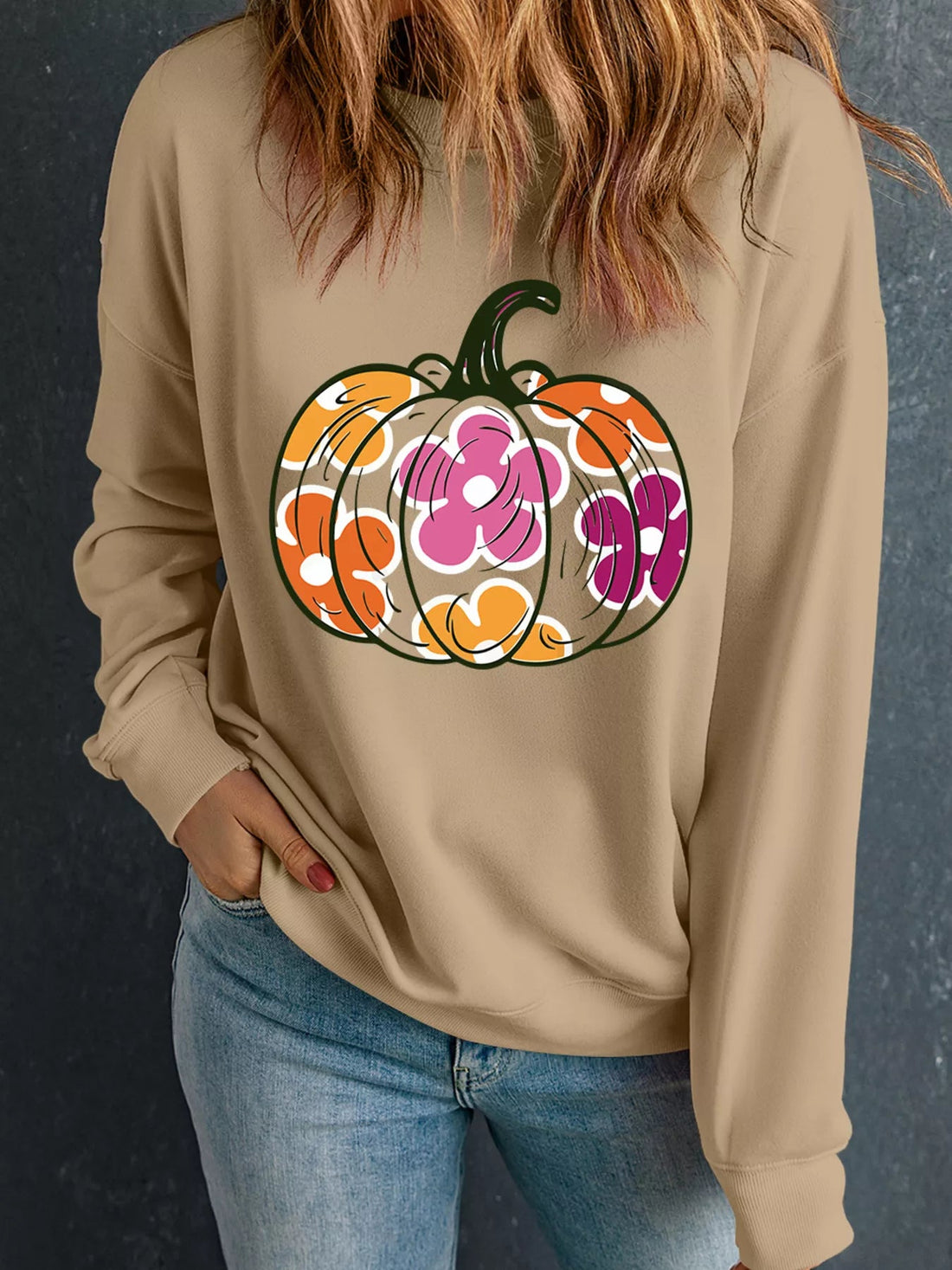 Halloween Floral Pumpkin Graphic Drop Shoulder Sweatshirt designed for comfort and style at Lookzlike