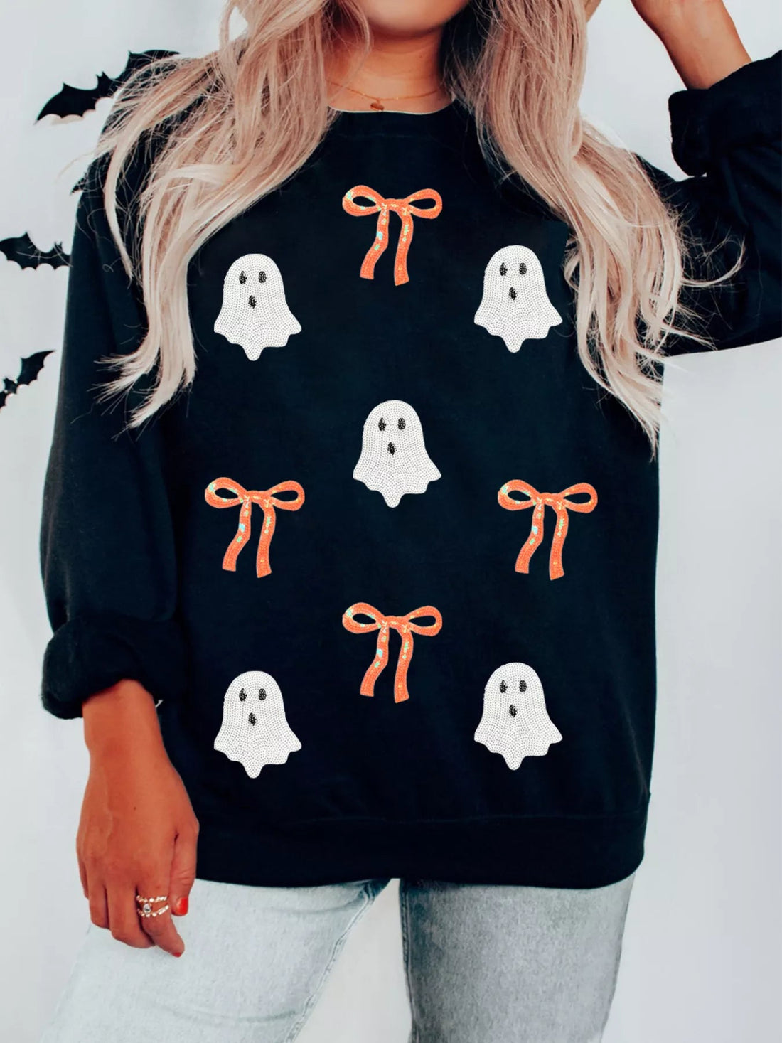 Halloween Ghost Bow Sequin Patched Drop Shoulder Sweatshirt designed for comfort and style at Lookzlike