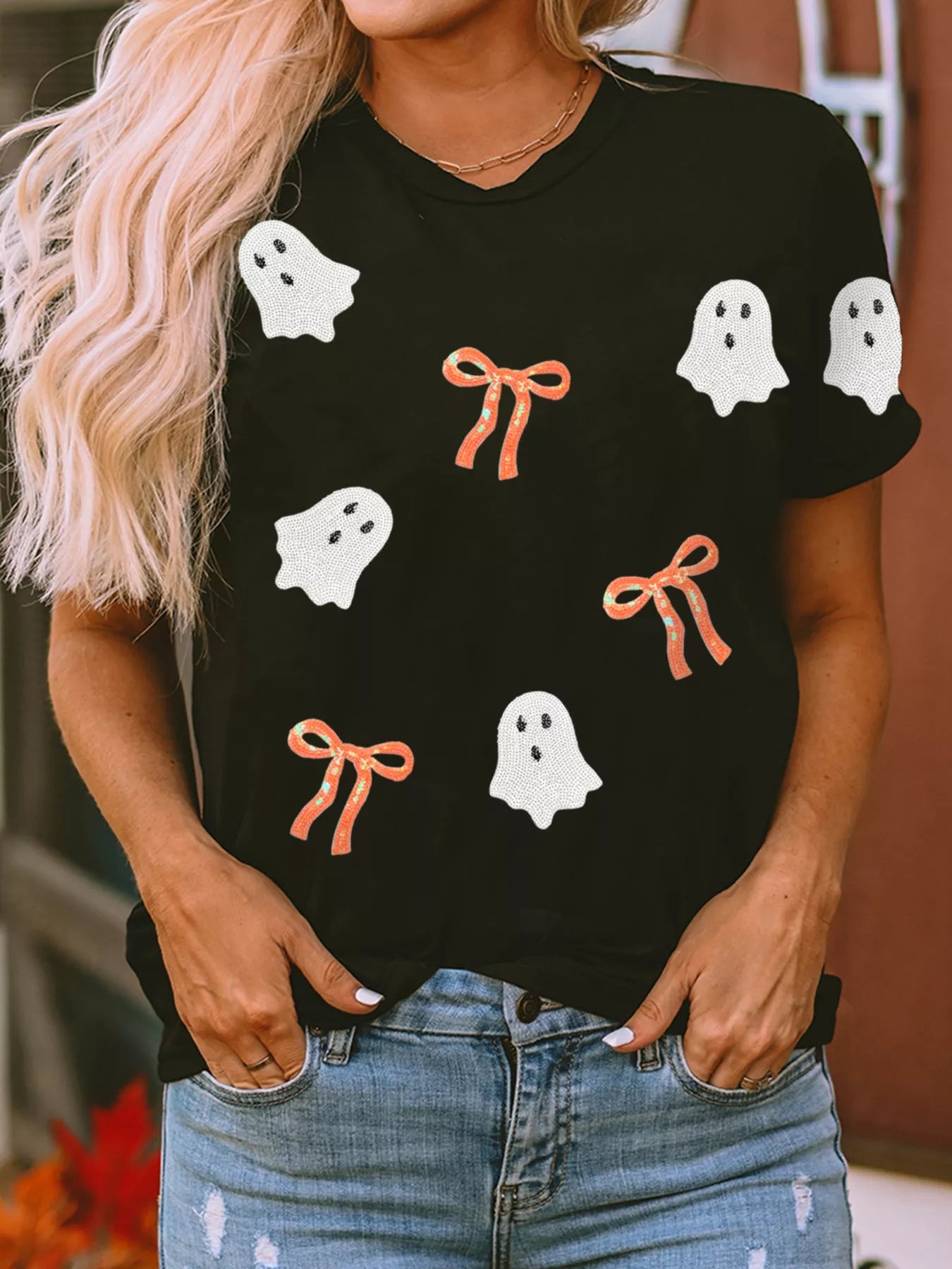 Halloween Ghost Bow Sequin Patched Drop Shoulder Sweatshirt designed for comfort and style at Lookzlike