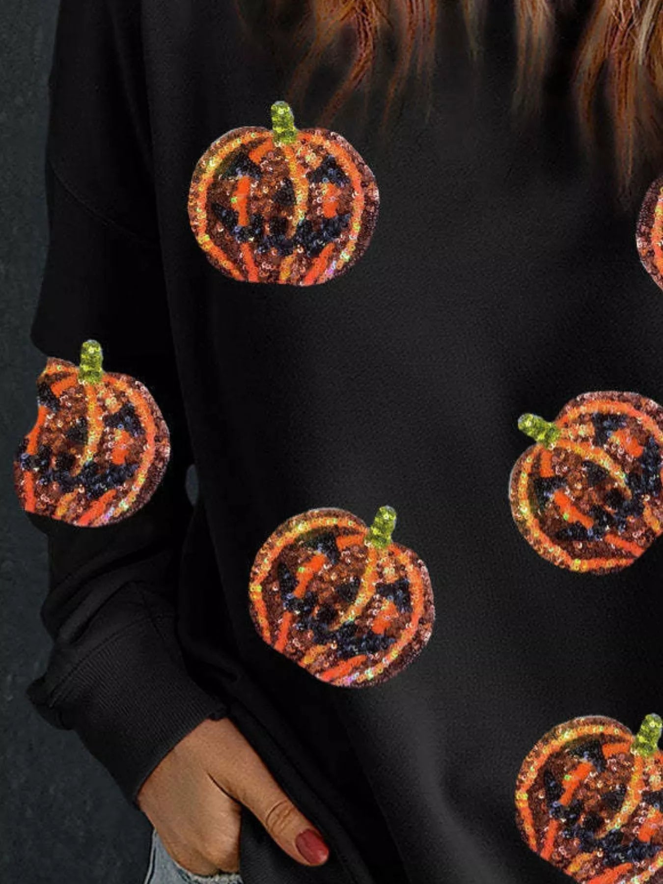Halloween Sequin Round Neck Long Sleeve Sweatshirt designed for comfort and style at Lookzlike