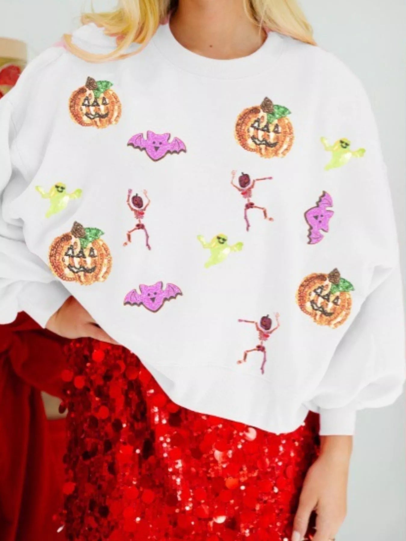 Halloween Sequin Round Neck Long Sleeve Sweatshirt designed for comfort and style at Lookzlike