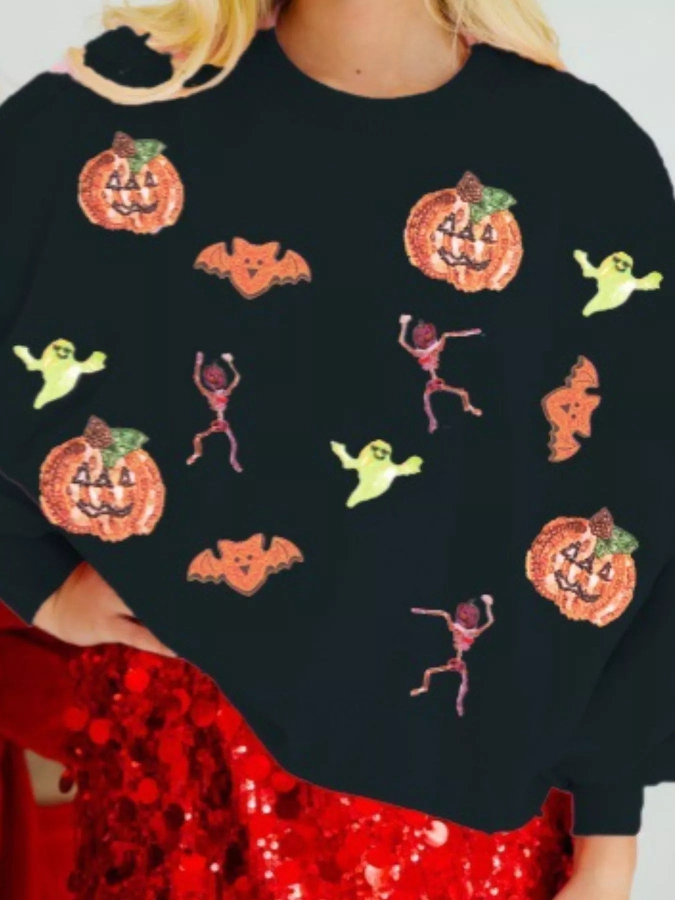 Halloween Sequin Round Neck Long Sleeve Sweatshirt designed for comfort and style at Lookzlike
