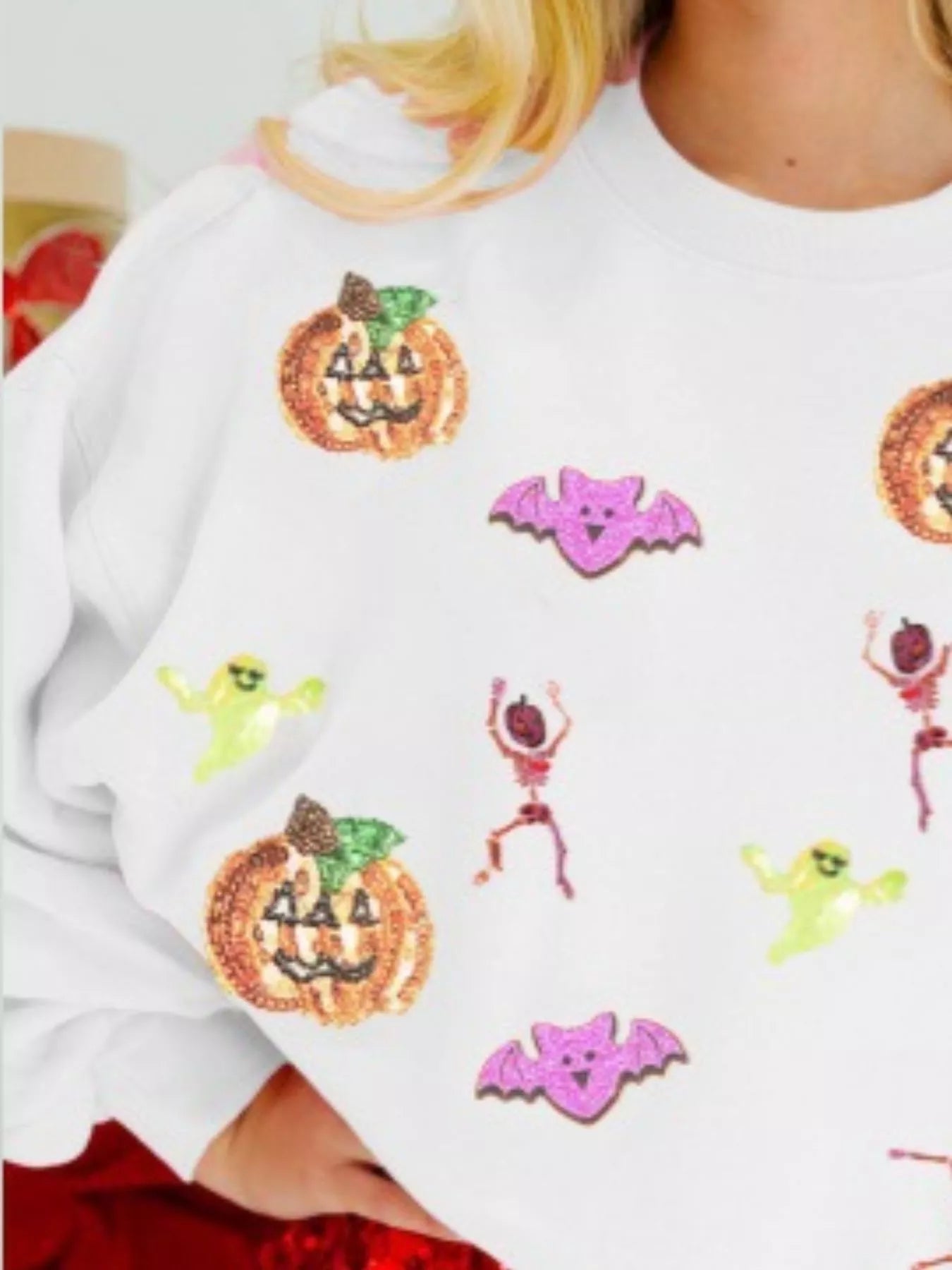 Halloween Sequin Round Neck Long Sleeve Sweatshirt designed for comfort and style at Lookzlike