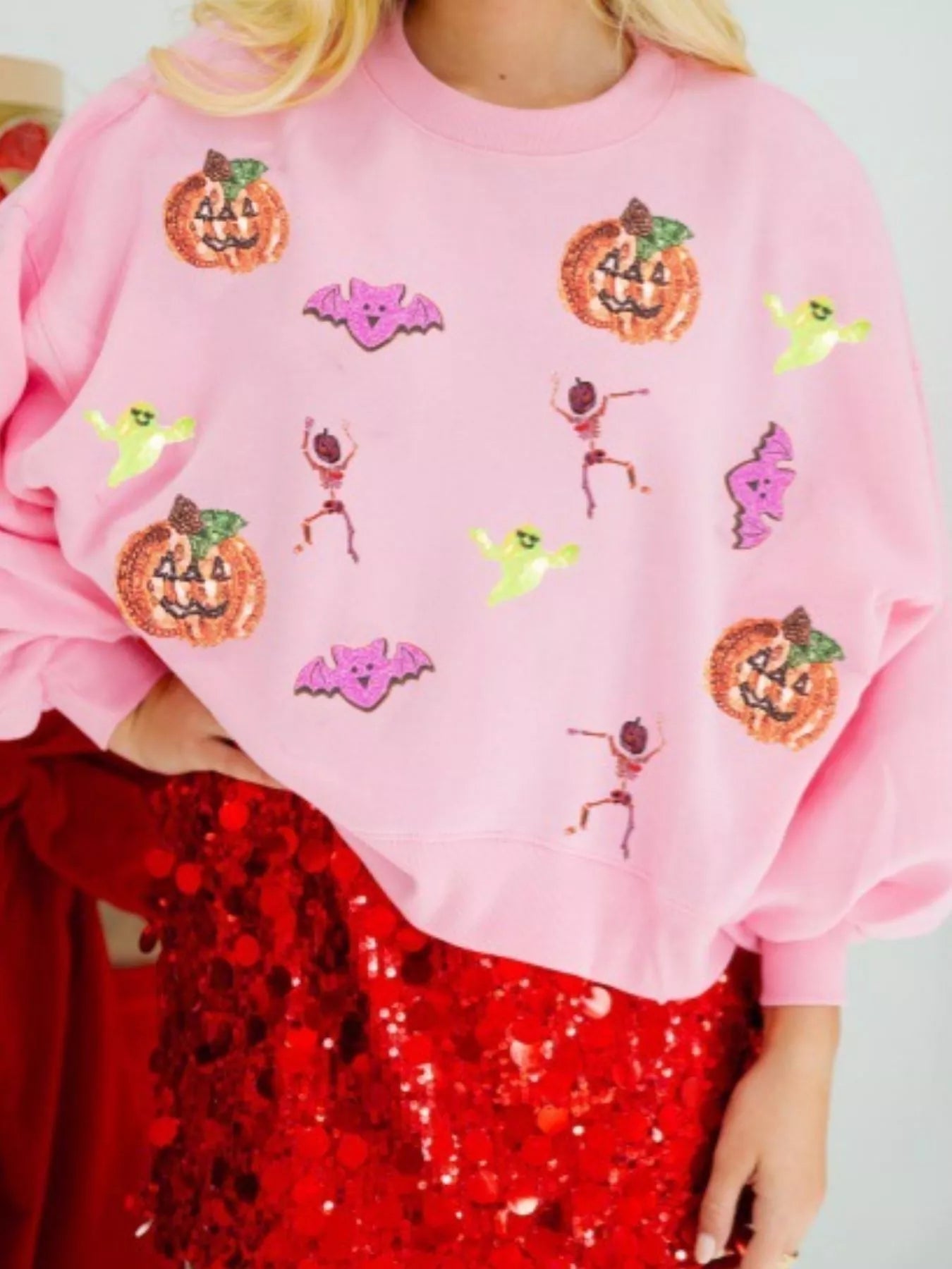 Halloween Sequin Round Neck Long Sleeve Sweatshirt designed for comfort and style at Lookzlike