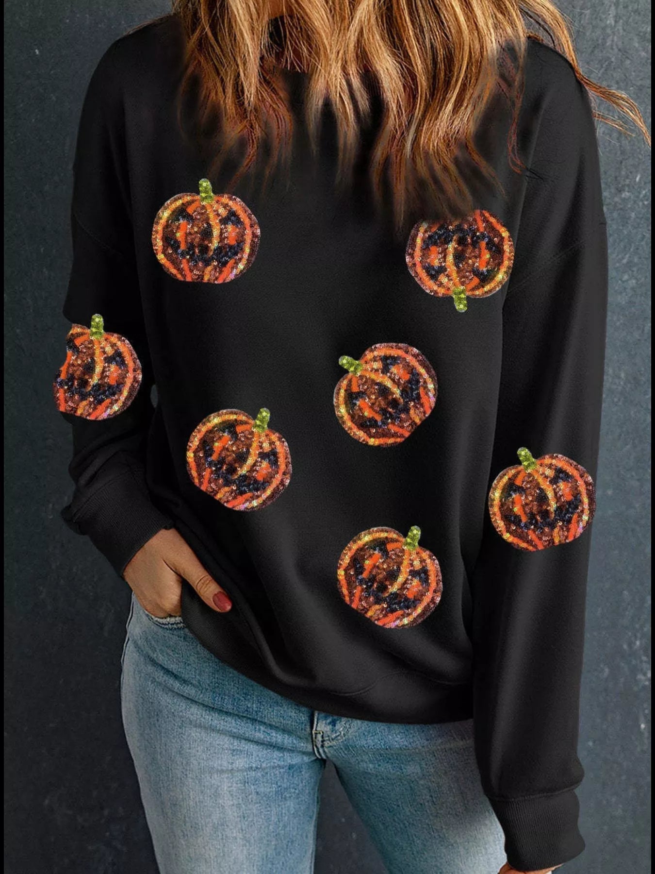 Halloween Sequin Round Neck Long Sleeve Sweatshirt designed for comfort and style at Lookzlike