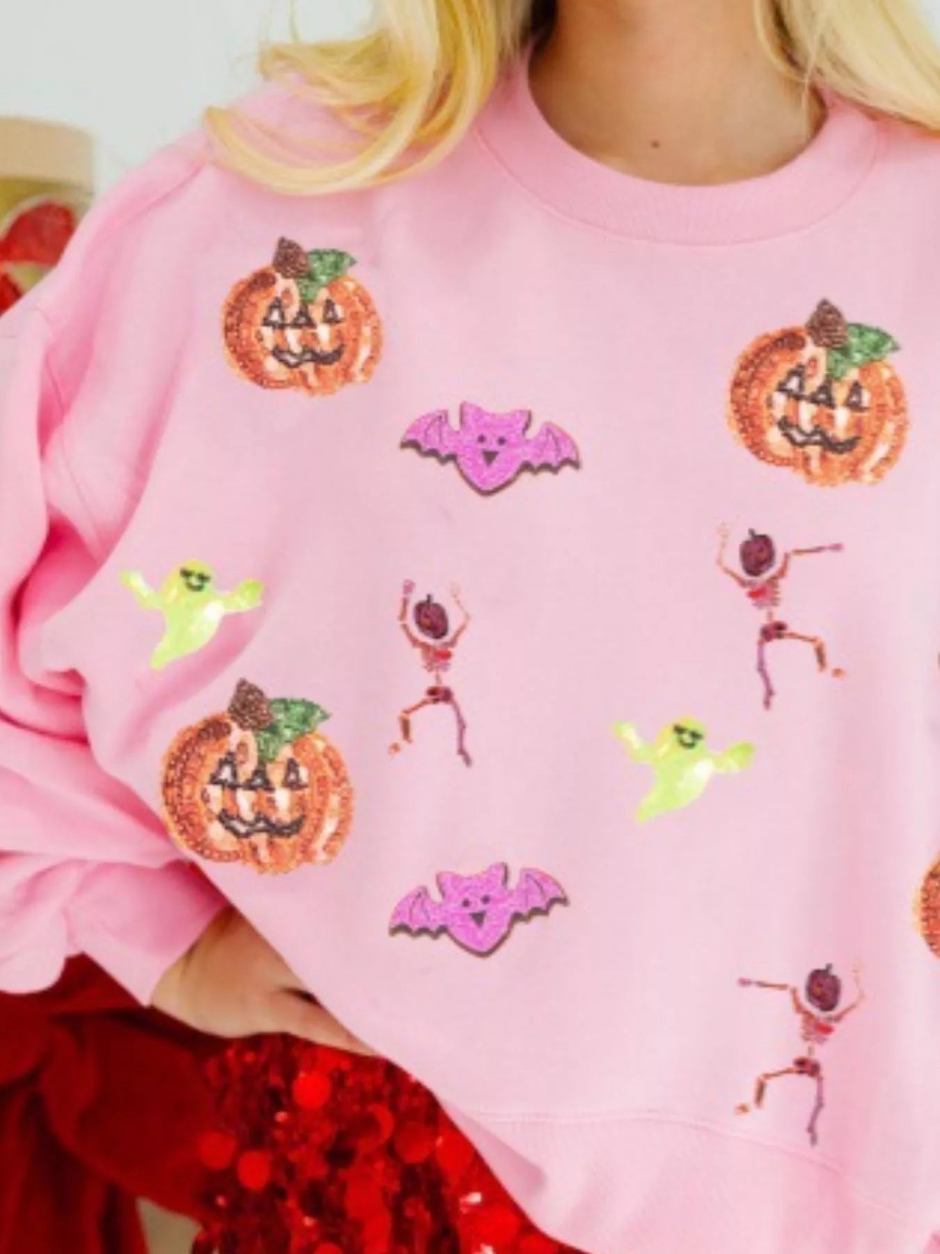 Halloween Sequin Round Neck Long Sleeve Sweatshirt designed for comfort and style at Lookzlike