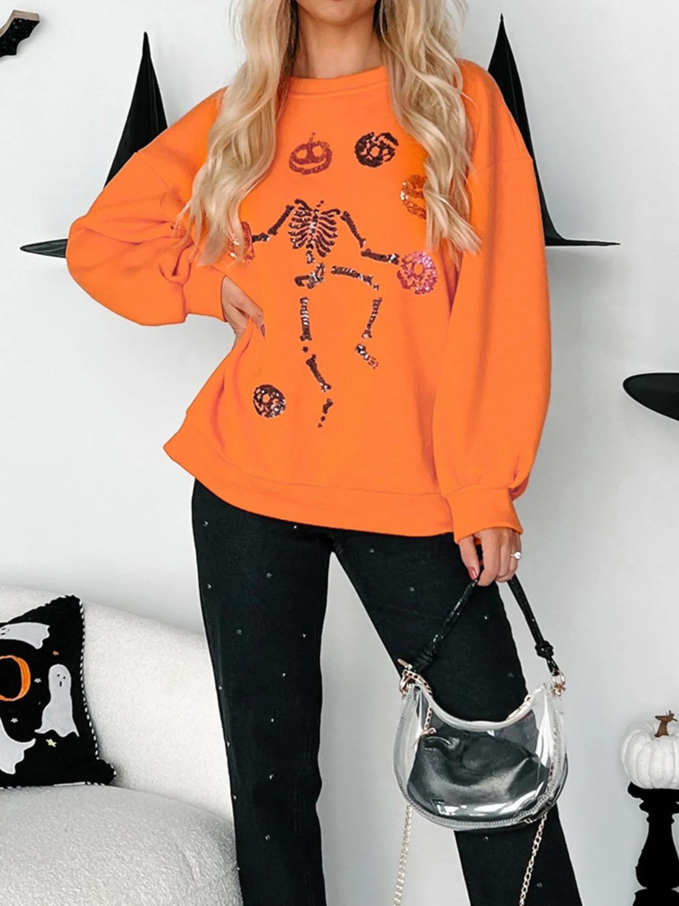 Halloween Skeleton Pumpkin Sweatshirt designed for comfort and style at Lookzlike