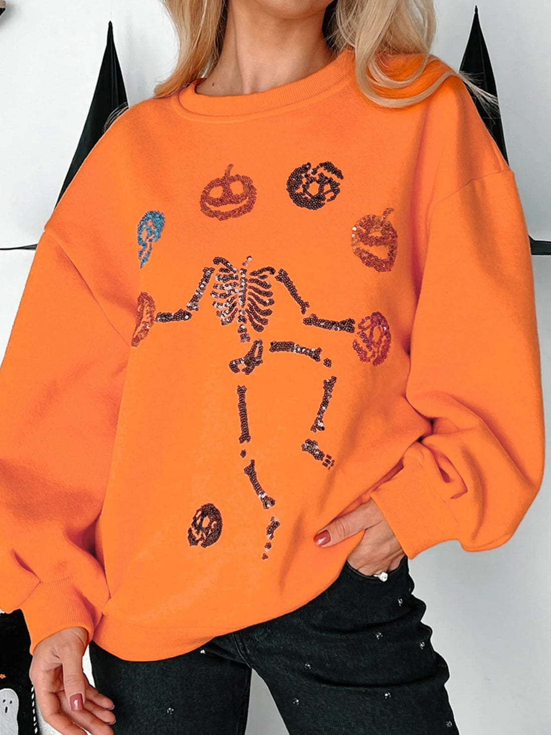 Halloween Skeleton Pumpkin Sweatshirt designed for comfort and style at Lookzlike