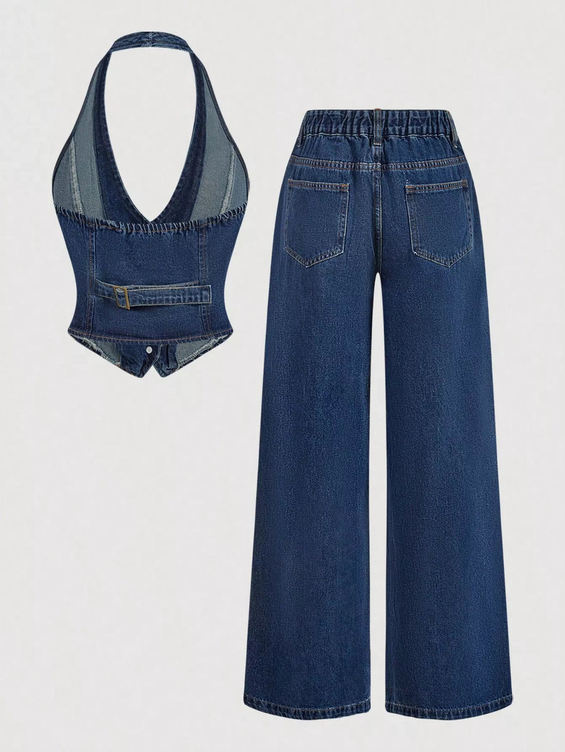 Halter Neck Denim Vest and Wide-Leg Jeans Set designed for comfort and style at Lookzlike