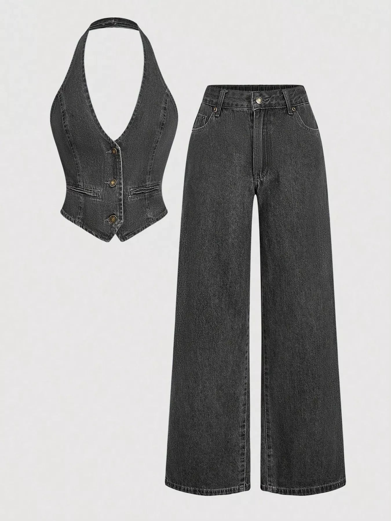 Halter Neck Denim Vest and Wide-Leg Jeans Set designed for comfort and style at Lookzlike