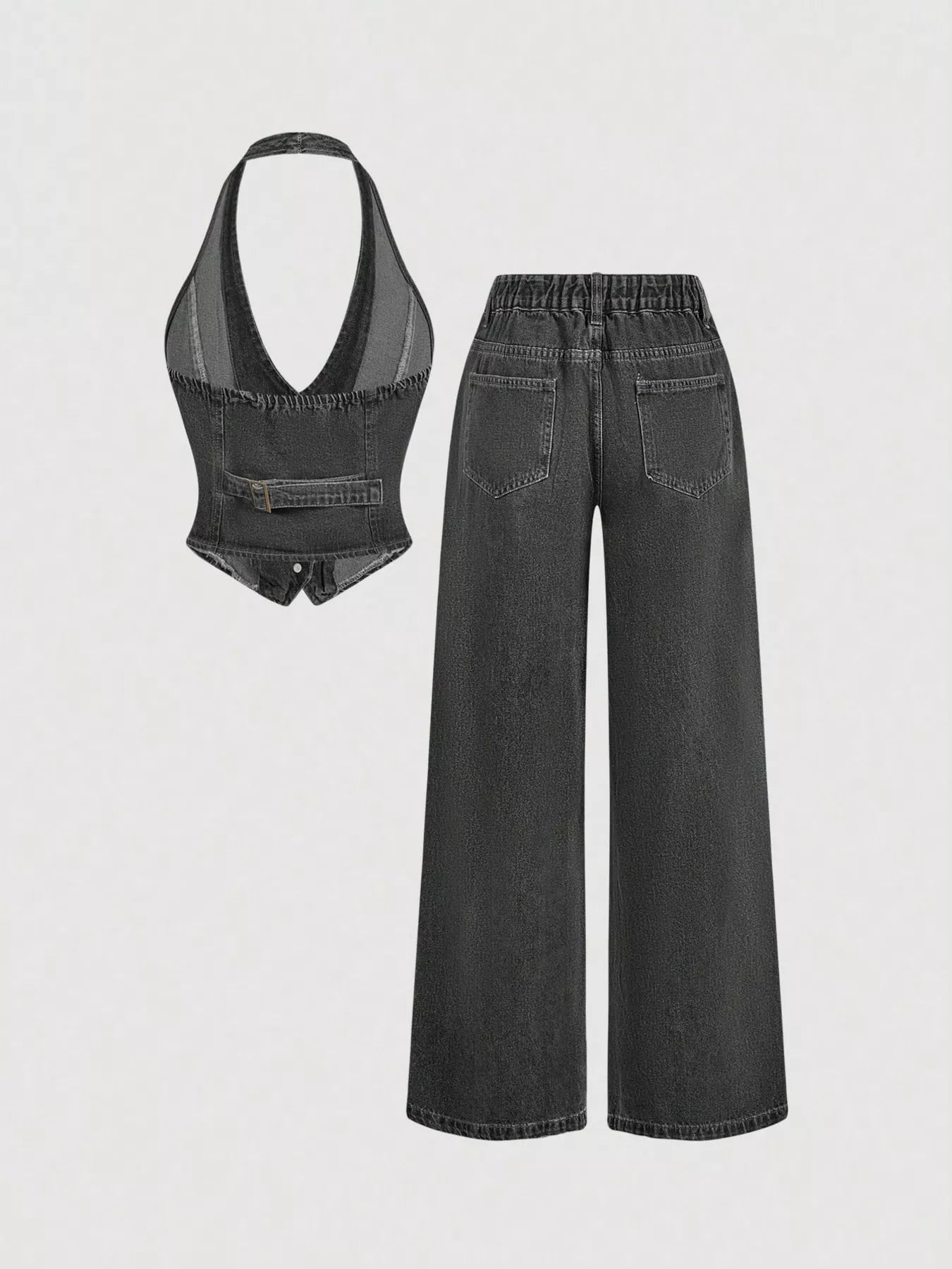 Halter Neck Denim Vest and Wide-Leg Jeans Set designed for comfort and style at Lookzlike