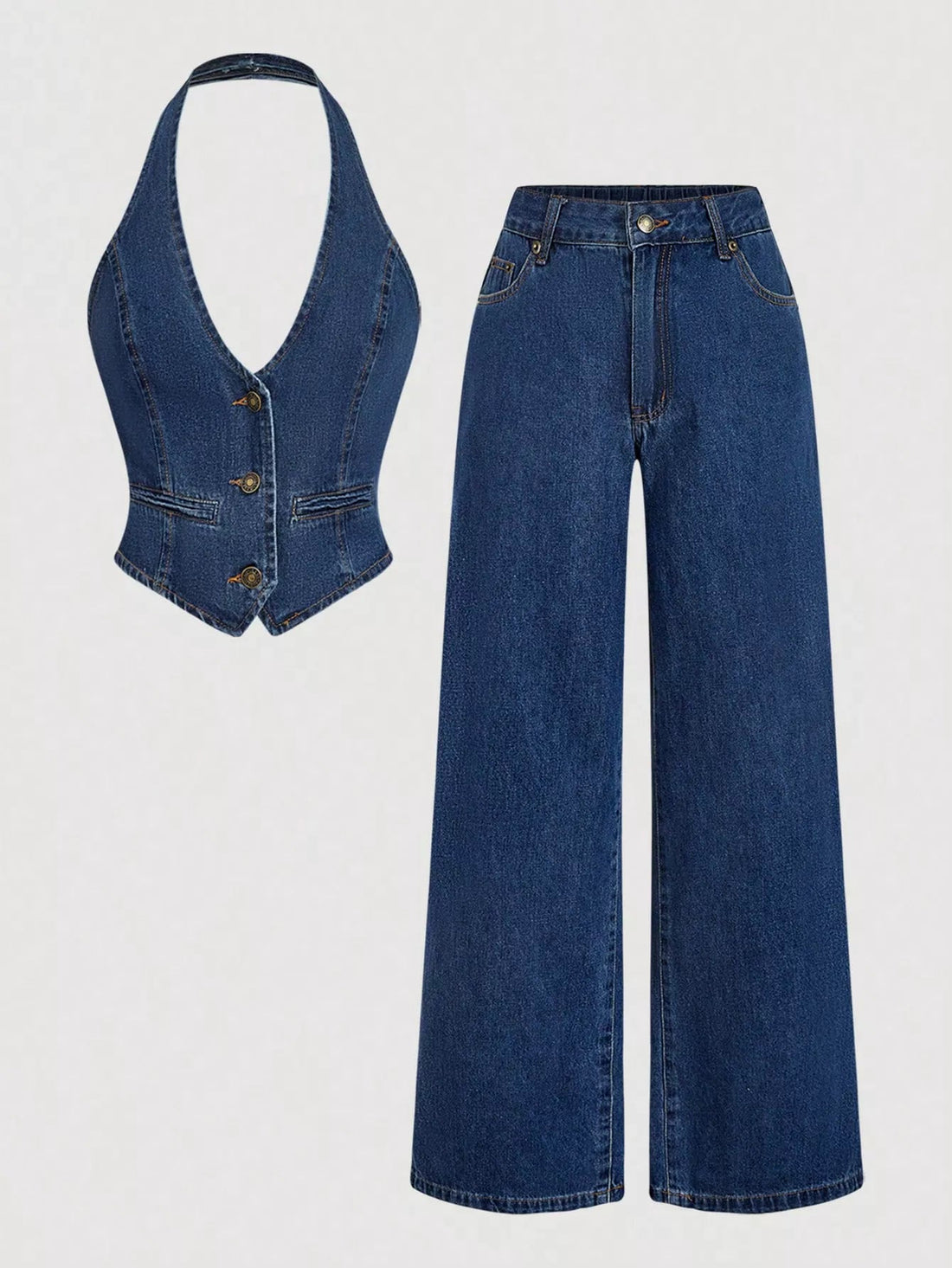 Halter Neck Denim Vest and Wide-Leg Jeans Set designed for comfort and style at Lookzlike