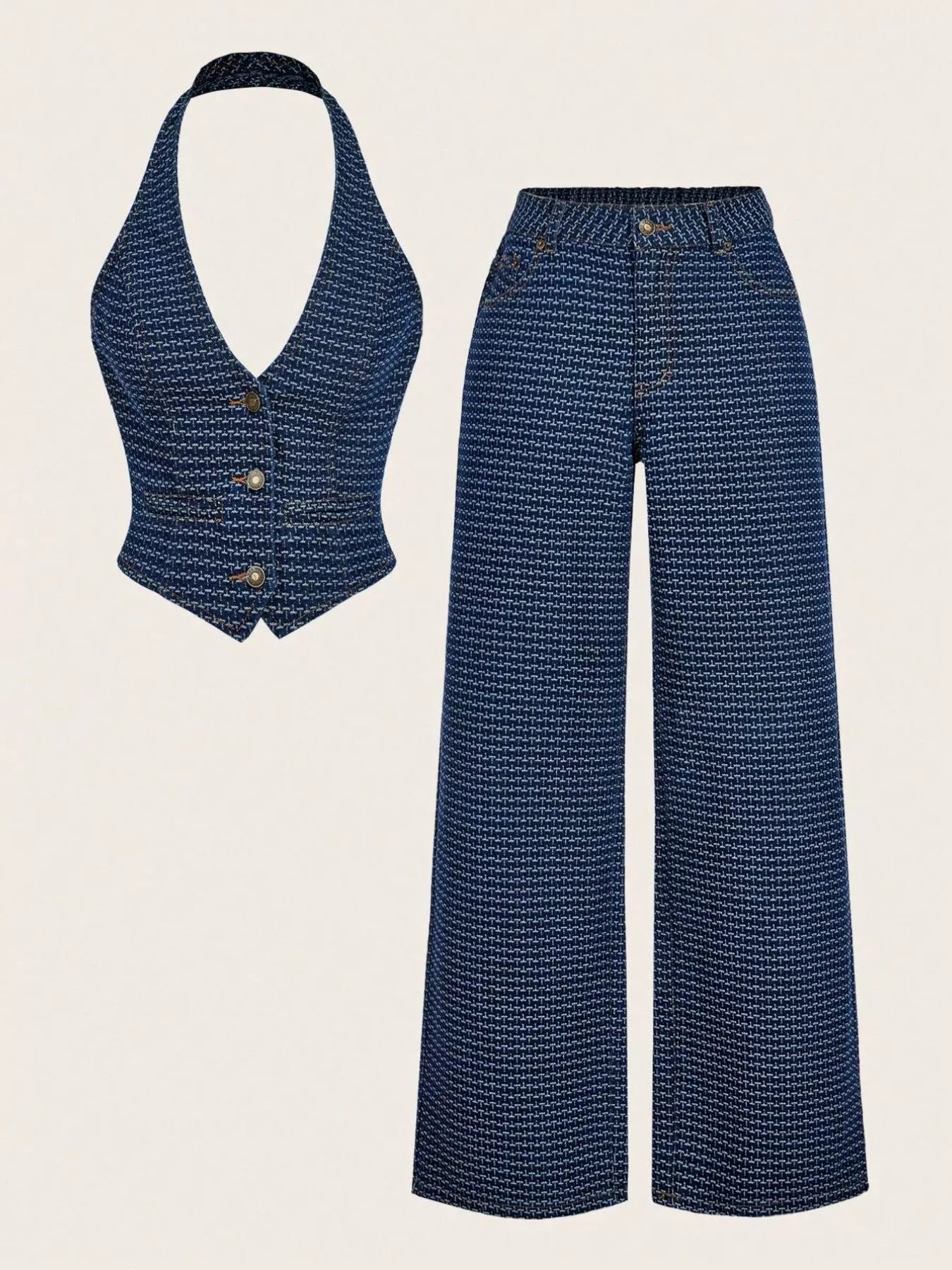 Halter Neck Denim Vest and Wide-Leg Jeans Set designed for comfort and style at Lookzlike