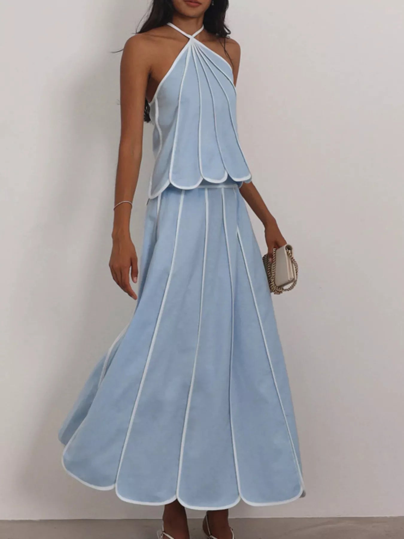 Halter Neck Scalloped Hem Top and Skirt Set designed for comfort and style at Lookzlike