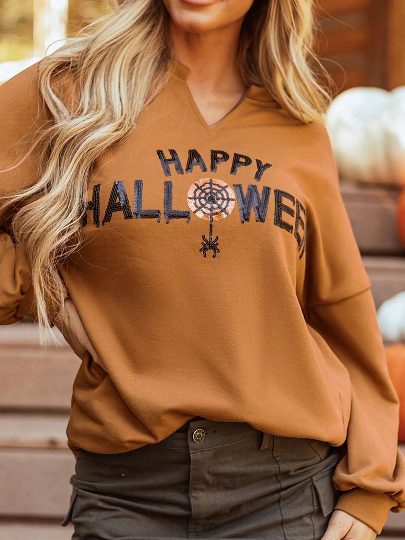 Happy Halloween Graphic Notched Long Sleeve Loose Top designed for comfort and style at Lookzlike