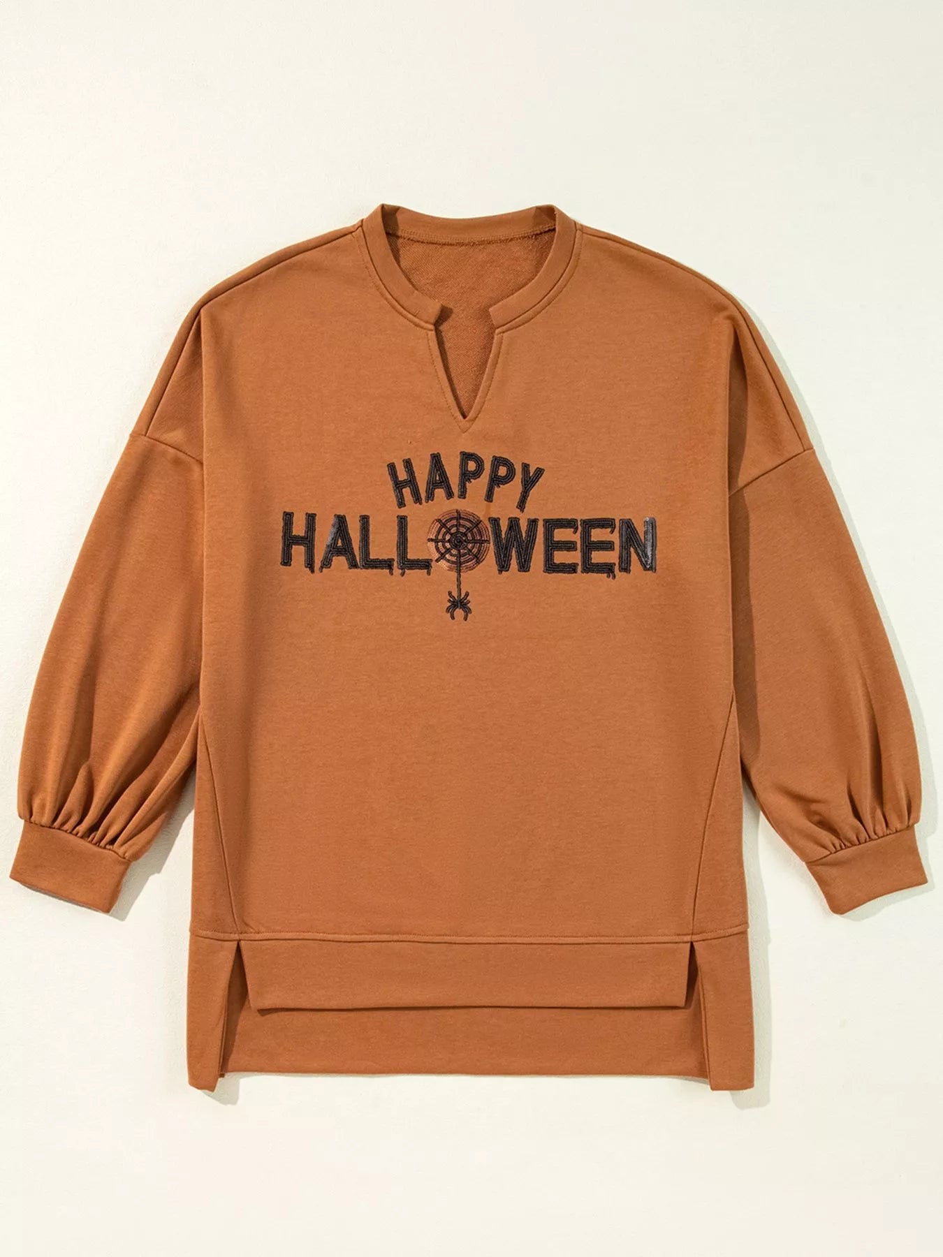 Happy Halloween Graphic Notched Long Sleeve Loose Top designed for comfort and style at Lookzlike
