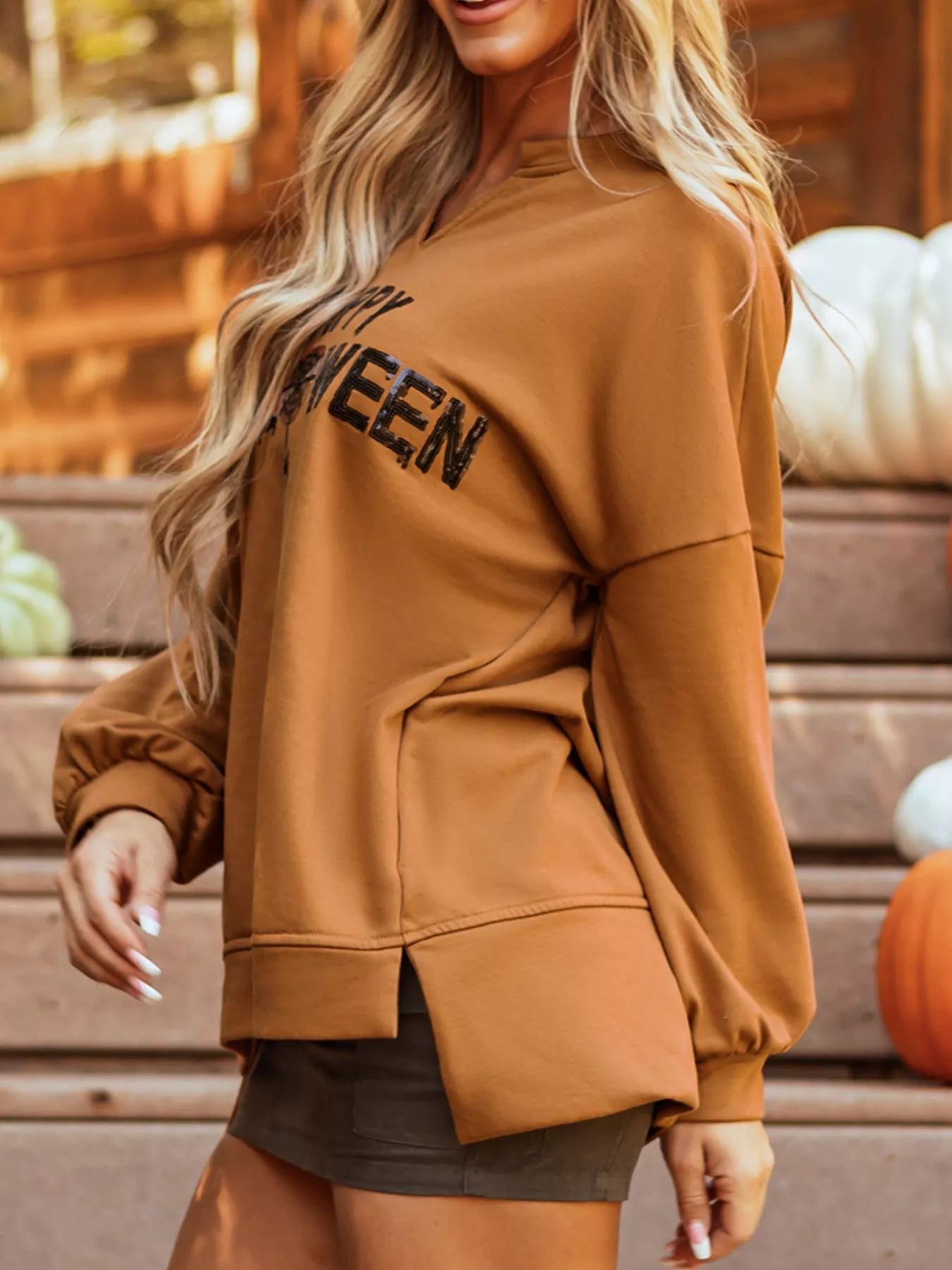 Happy Halloween Graphic Notched Long Sleeve Loose Top designed for comfort and style at Lookzlike