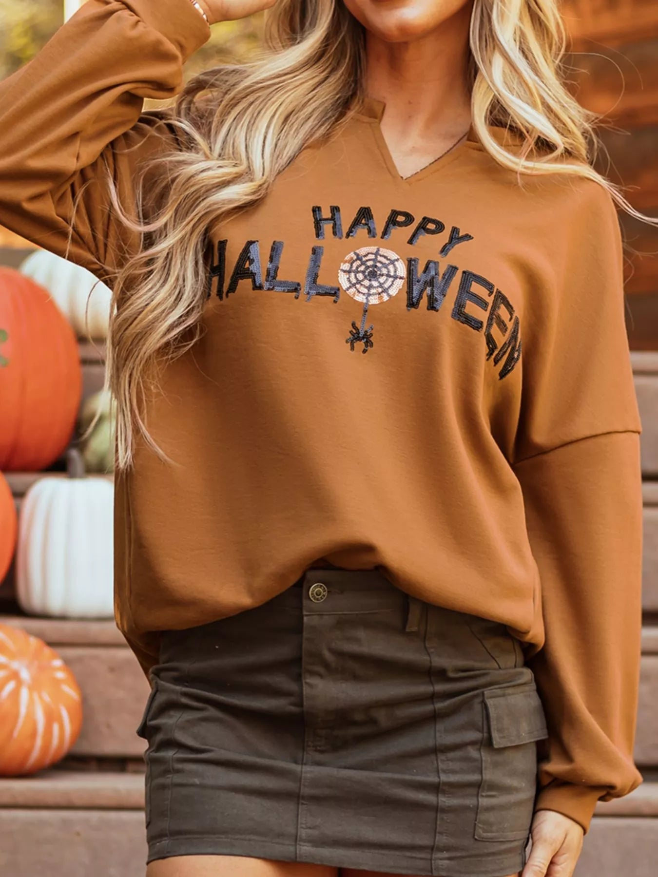 Happy Halloween Graphic Notched Long Sleeve Loose Top designed for comfort and style at Lookzlike