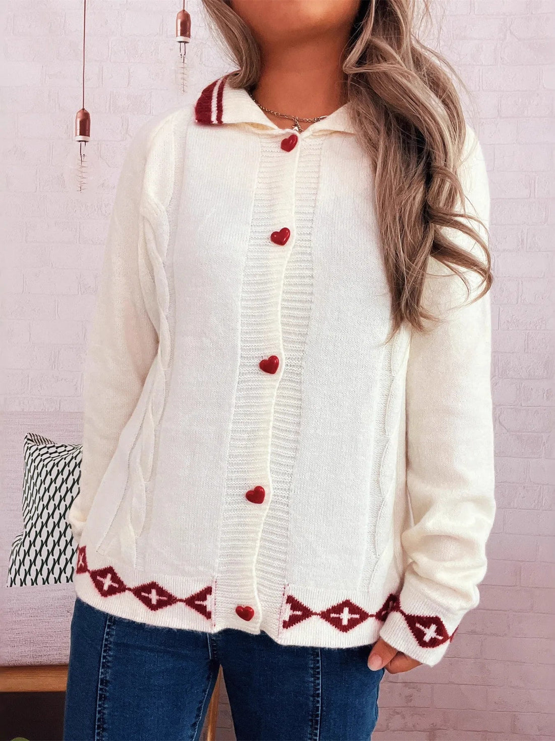Heart Button Long Sleeve Cardigan designed for comfort and style at Lookzlike