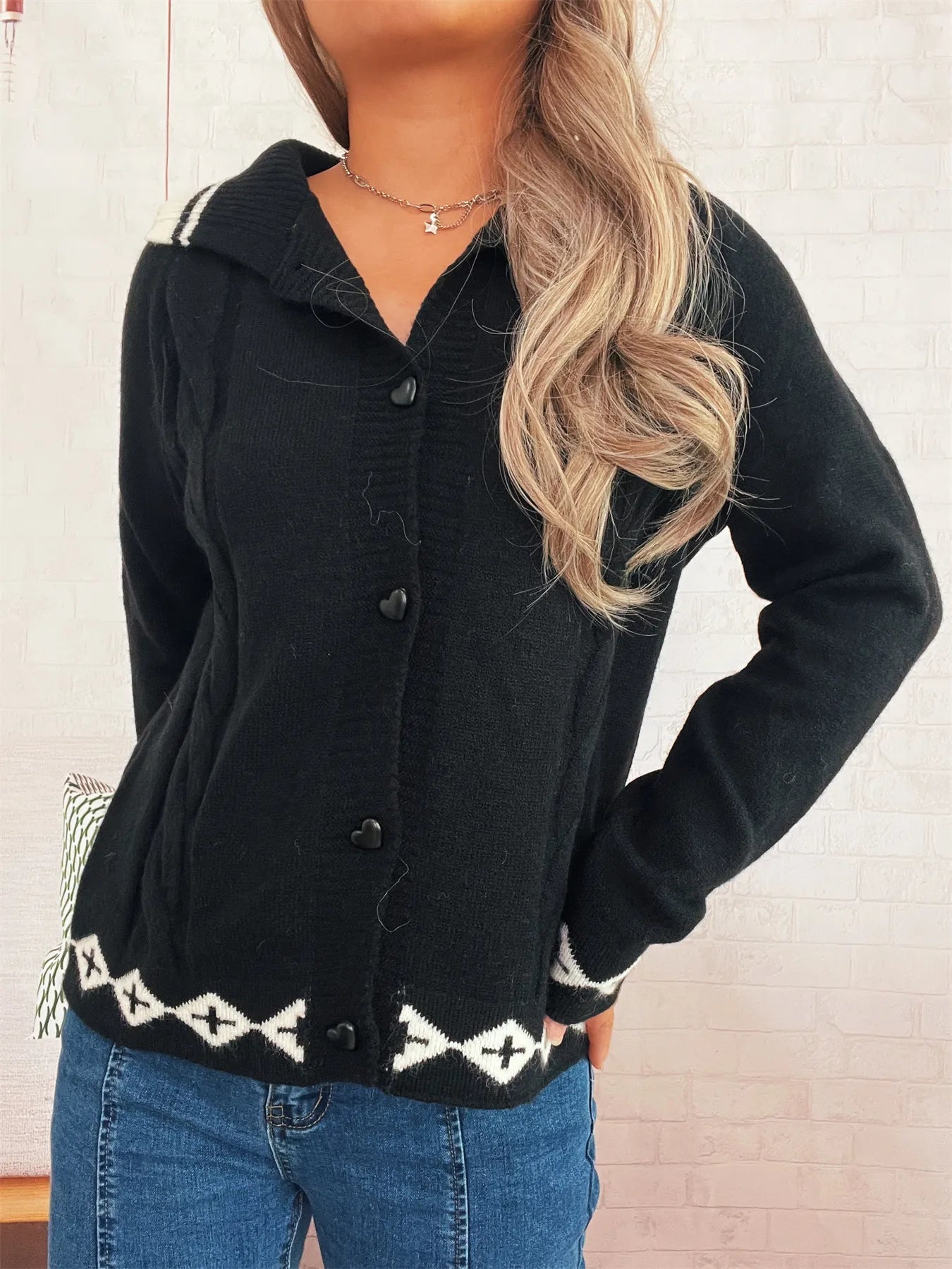 Heart Button Long Sleeve Cardigan designed for comfort and style at Lookzlike