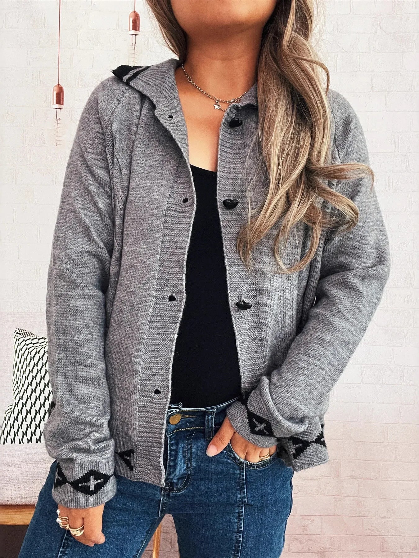 Heart Button Long Sleeve Cardigan designed for comfort and style at Lookzlike