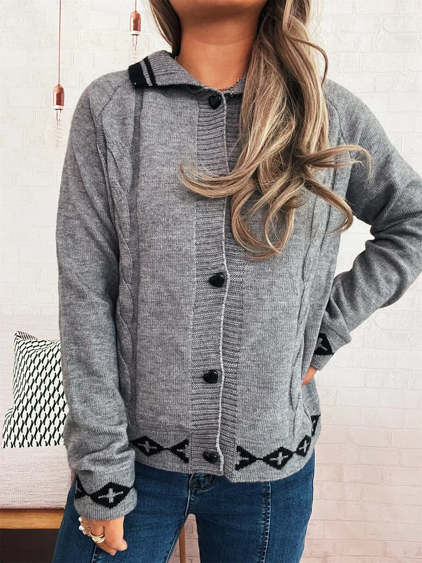 Heart Button Long Sleeve Cardigan designed for comfort and style at Lookzlike