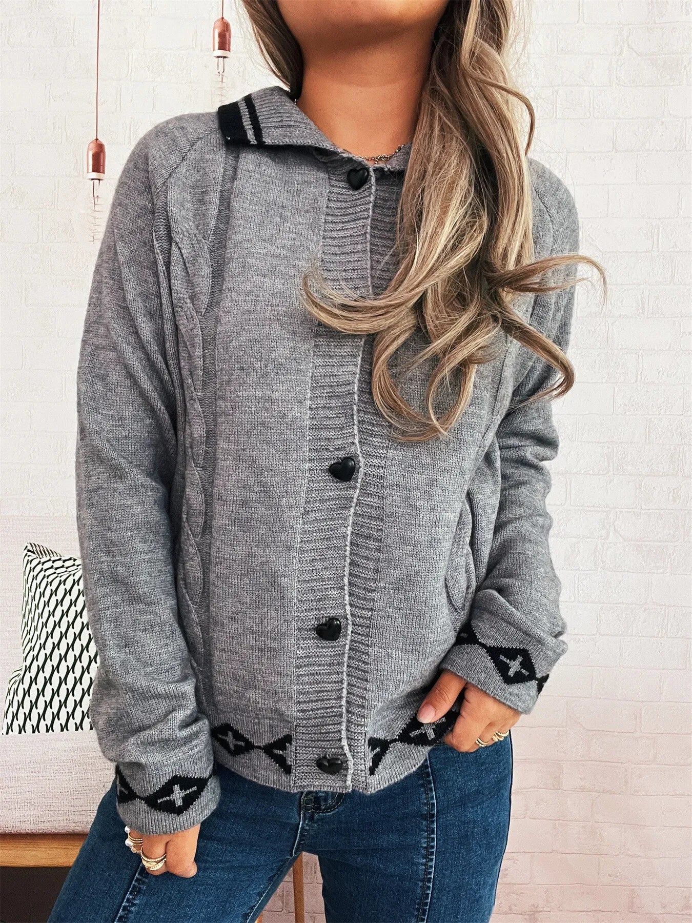 Heart Button Long Sleeve Cardigan designed for comfort and style at Lookzlike
