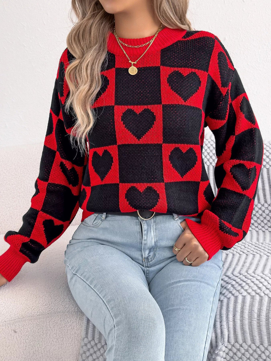 Heart Checkerboard Pattern Round Neck Sweater designed for comfort and style at Lookzlike