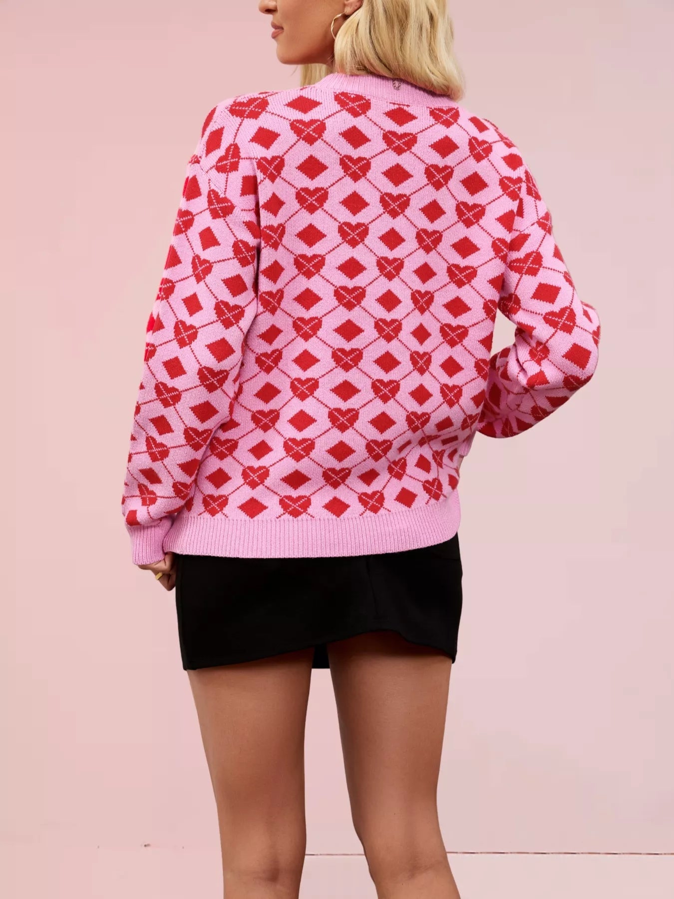 Heart & Diamond Pattern Long Sleeve Sweater designed for comfort and style at Lookzlike