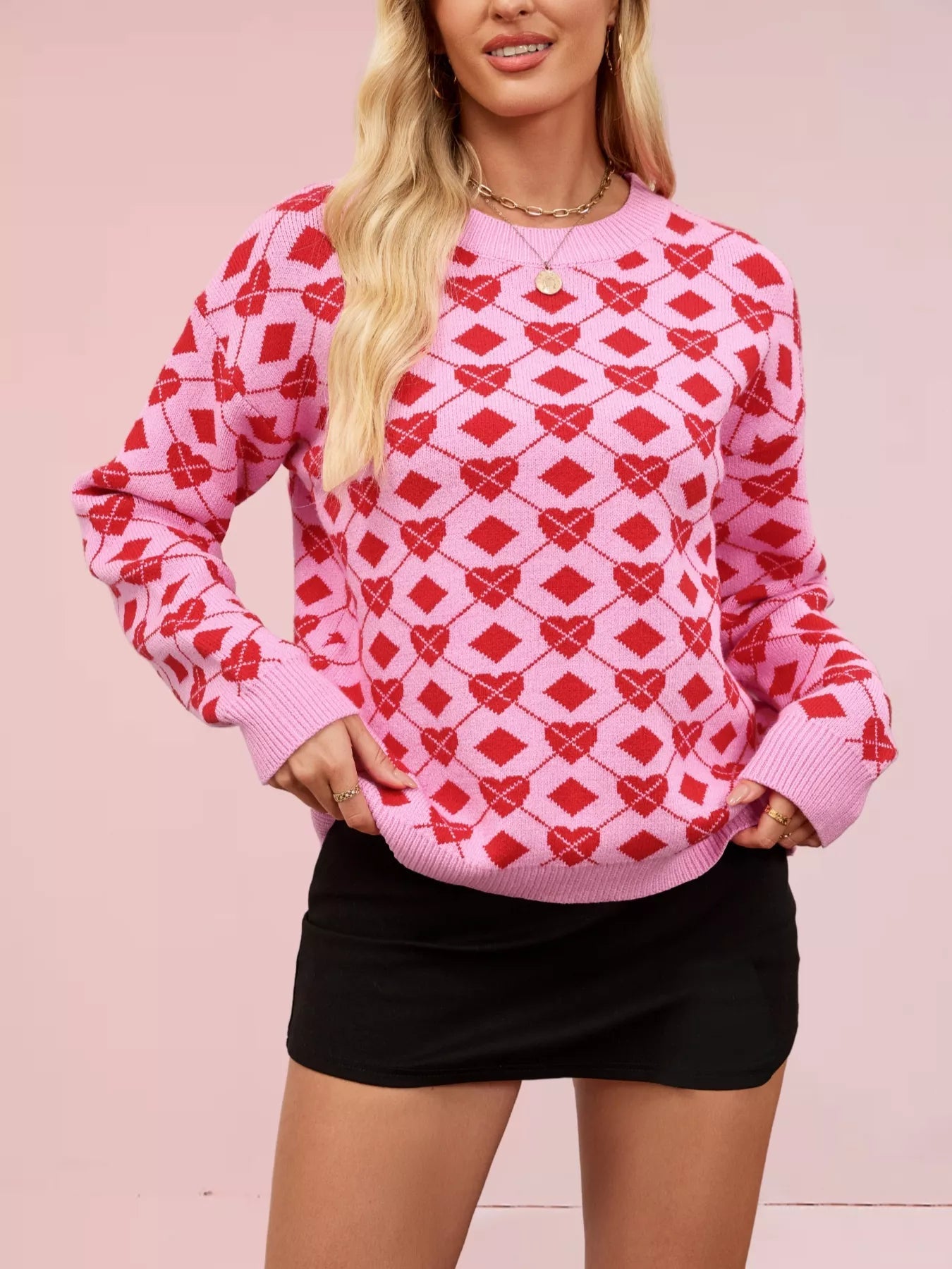 Heart & Diamond Pattern Long Sleeve Sweater designed for comfort and style at Lookzlike