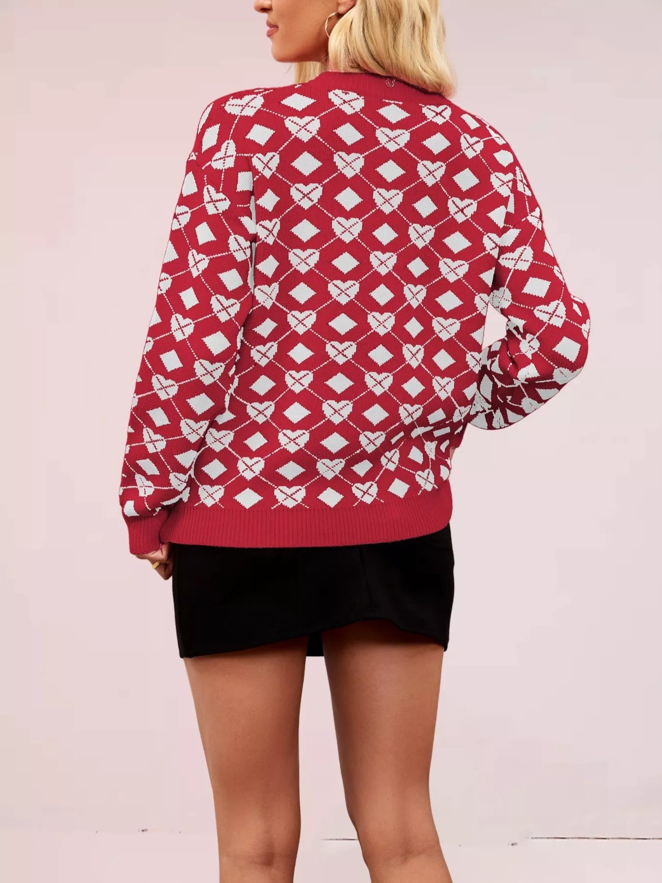 Heart & Diamond Pattern Long Sleeve Sweater designed for comfort and style at Lookzlike