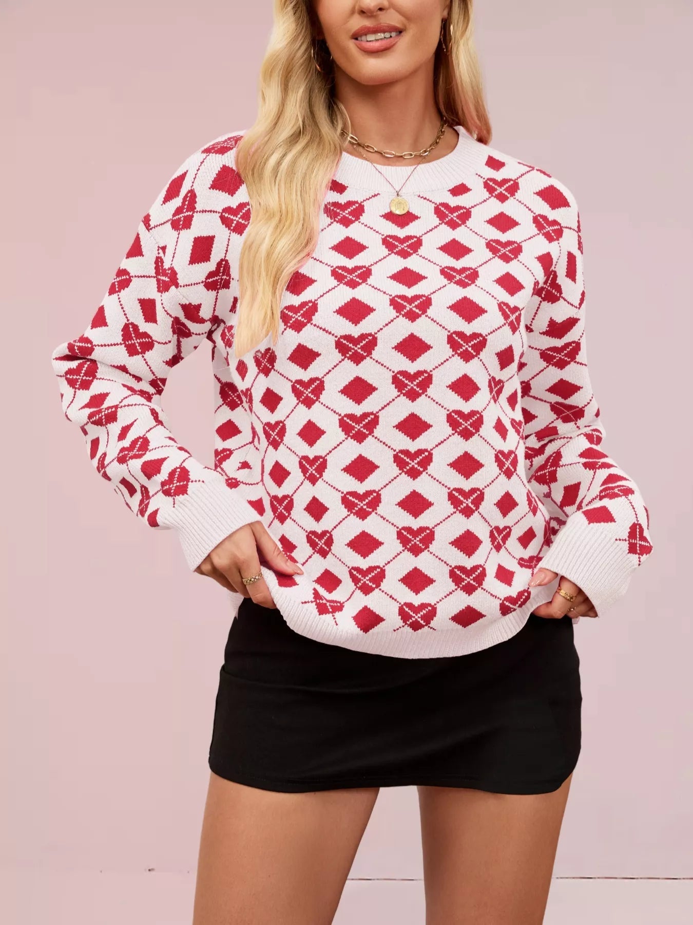 Heart & Diamond Pattern Long Sleeve Sweater designed for comfort and style at Lookzlike