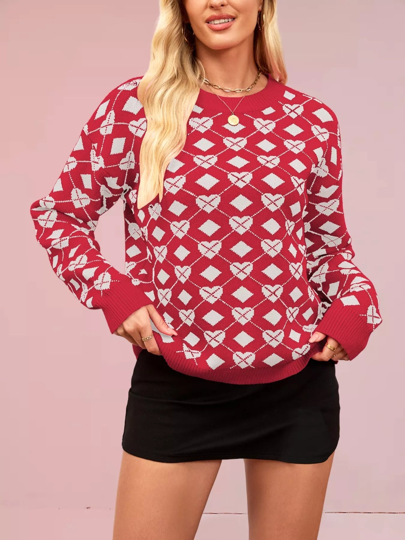Heart & Diamond Pattern Long Sleeve Sweater designed for comfort and style at Lookzlike