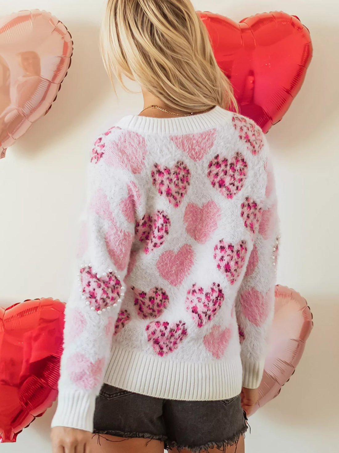 Heart Leopard Pearled Ribbed Trim Fuzzy Sweater designed for comfort and style at Lookzlike