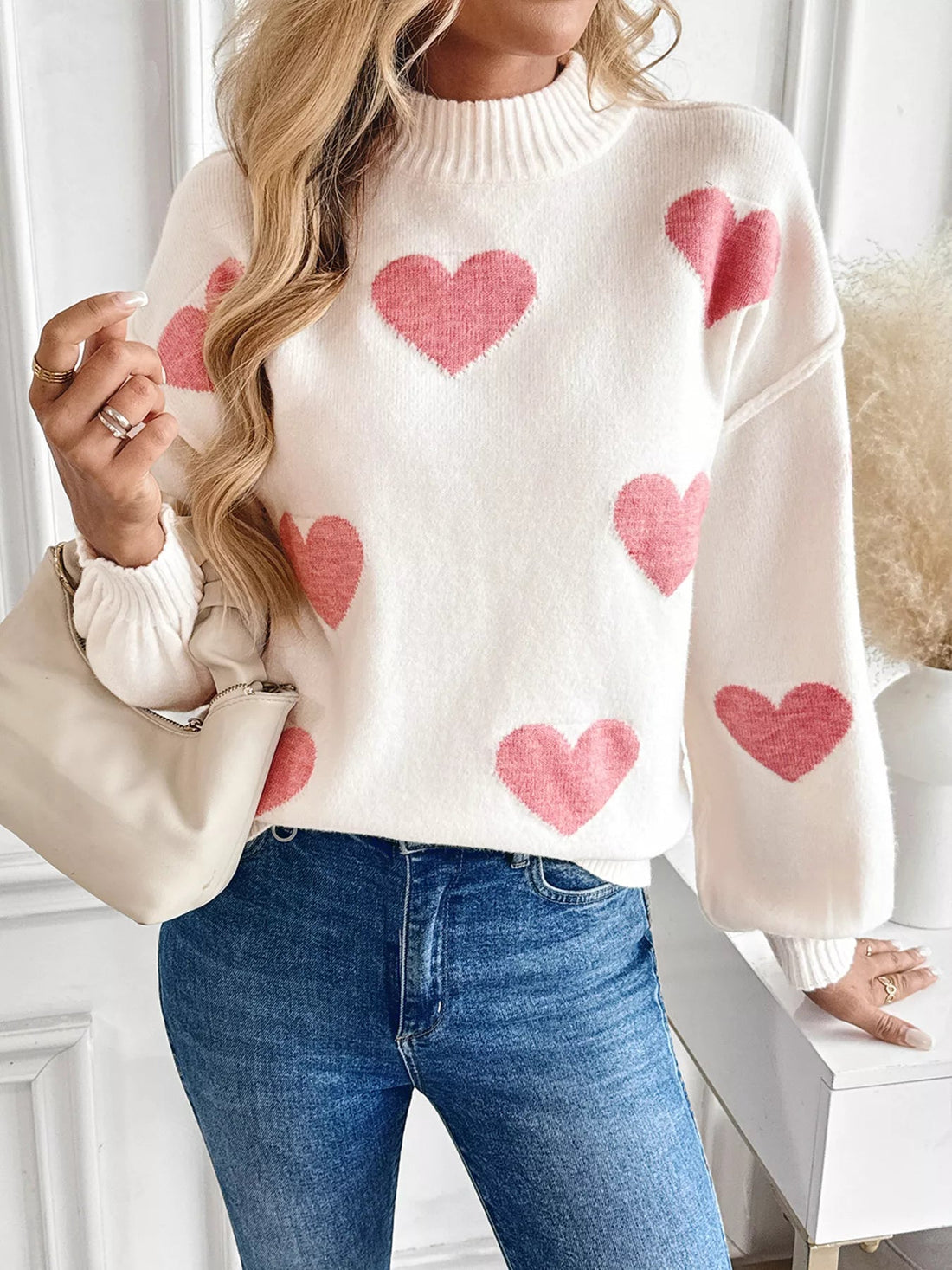 Heart Mock Neck Long Sleeve Sweater designed for comfort and style at Lookzlike