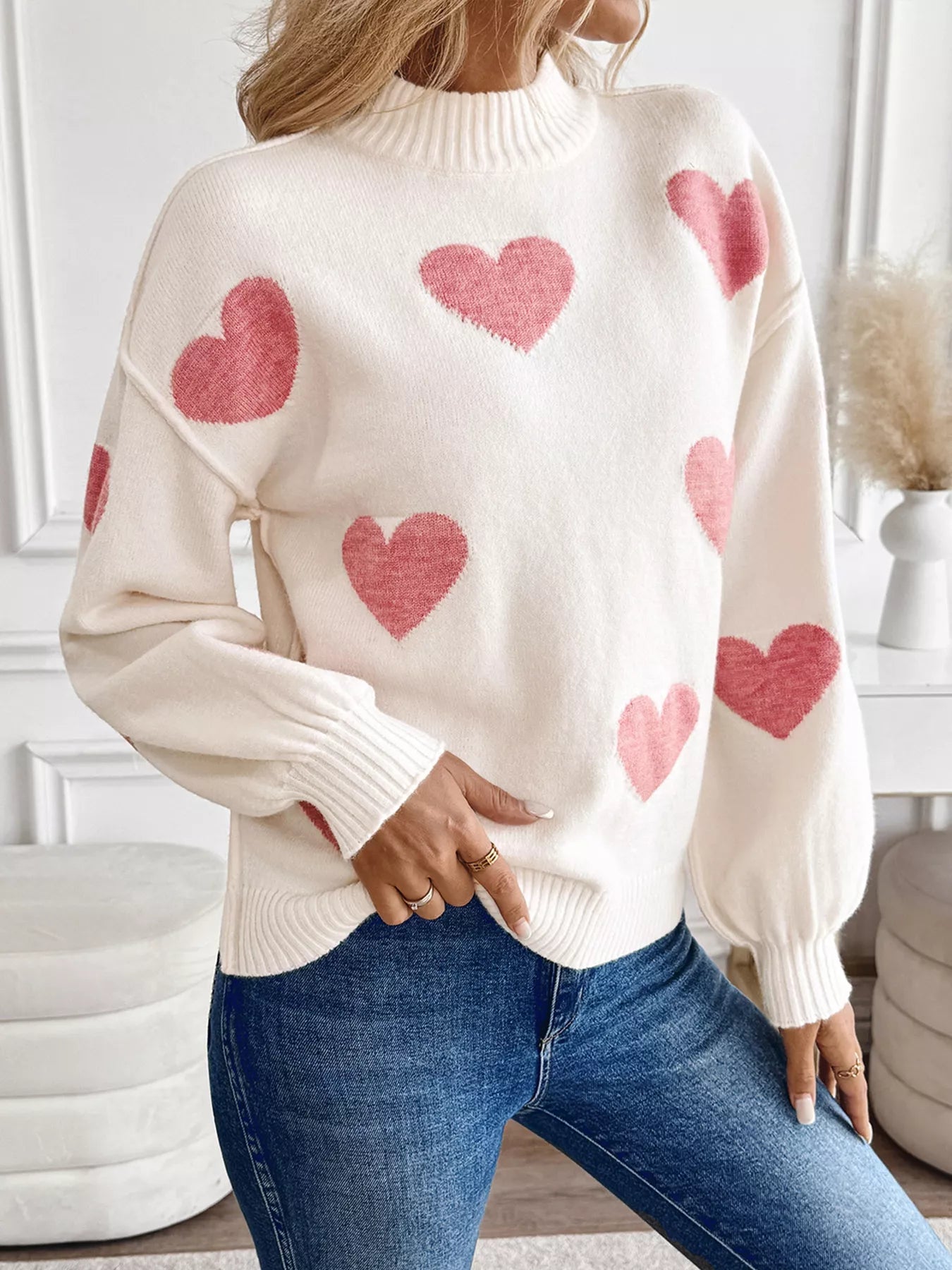 Heart Mock Neck Long Sleeve Sweater designed for comfort and style at Lookzlike