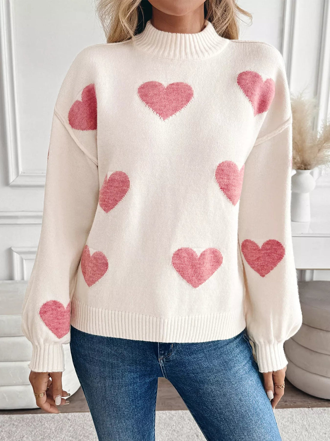 Heart Mock Neck Long Sleeve Sweater designed for comfort and style at Lookzlike