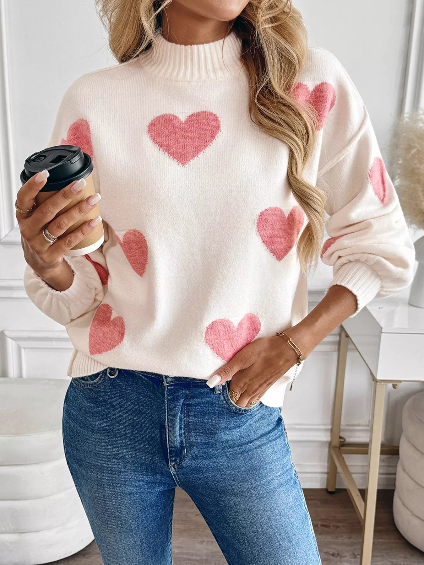 Heart Mock Neck Long Sleeve Sweater designed for comfort and style at Lookzlike