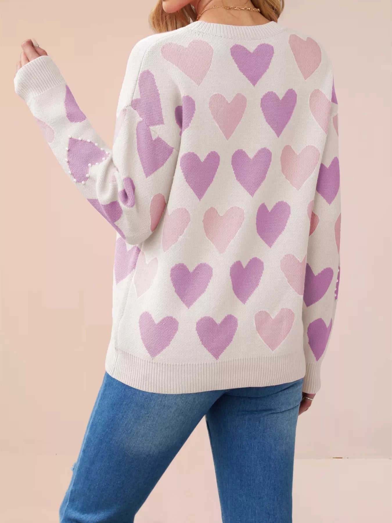 Heart Pattern Beaded Round Neck Sweater designed for comfort and style at Lookzlike