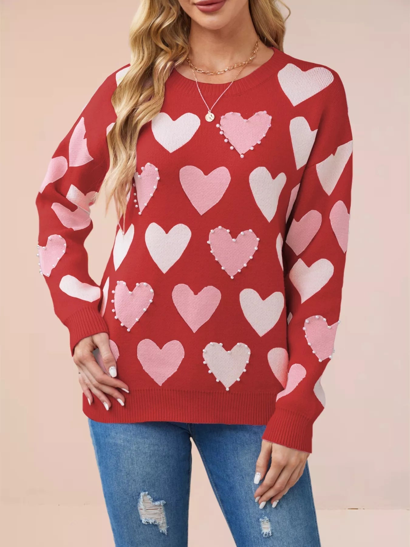 Heart Pattern Beaded Round Neck Sweater designed for comfort and style at Lookzlike