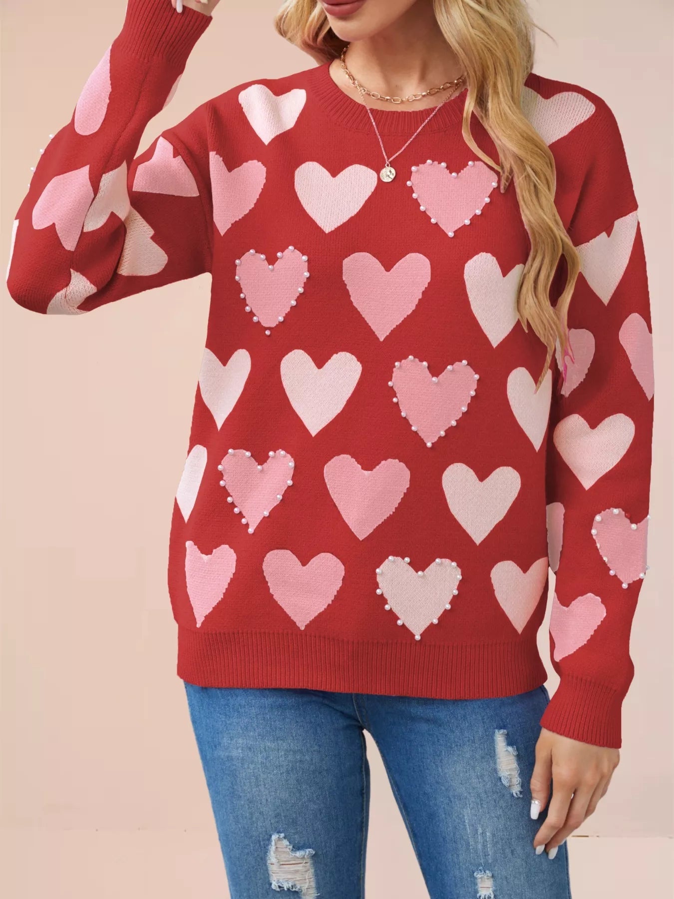 Heart Pattern Beaded Round Neck Sweater designed for comfort and style at Lookzlike