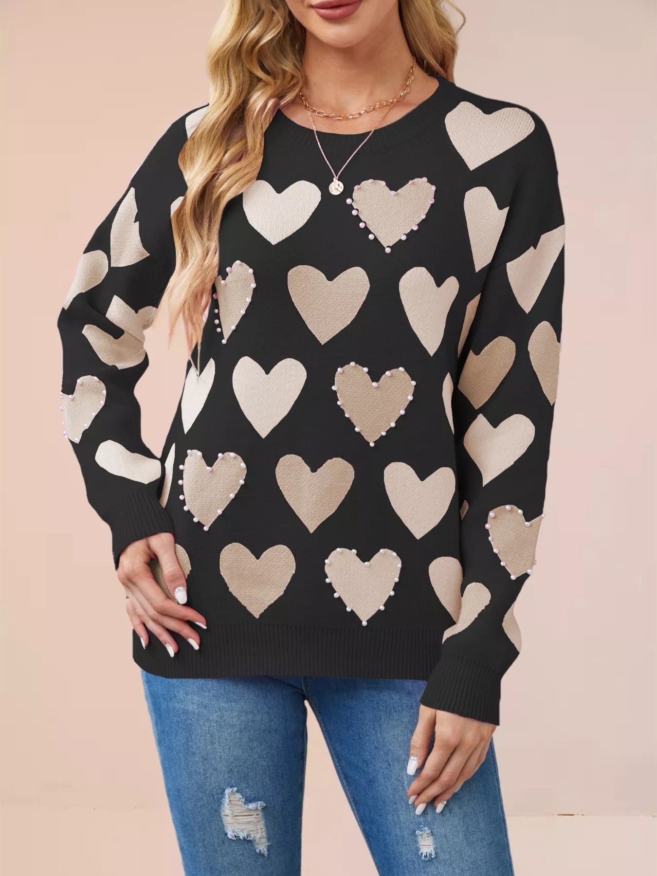 Heart Pattern Beaded Round Neck Sweater designed for comfort and style at Lookzlike