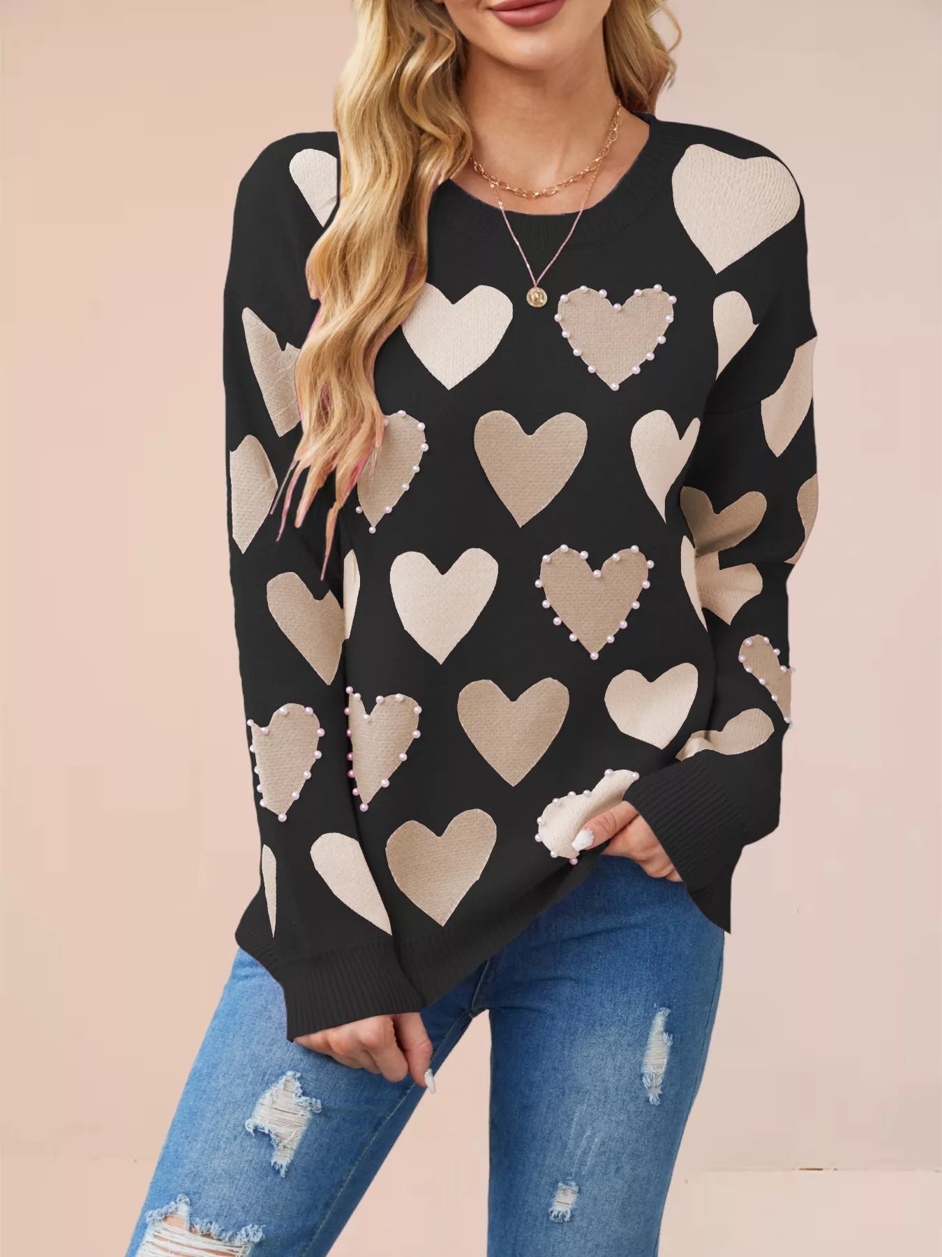 Heart Pattern Beaded Round Neck Sweater designed for comfort and style at Lookzlike