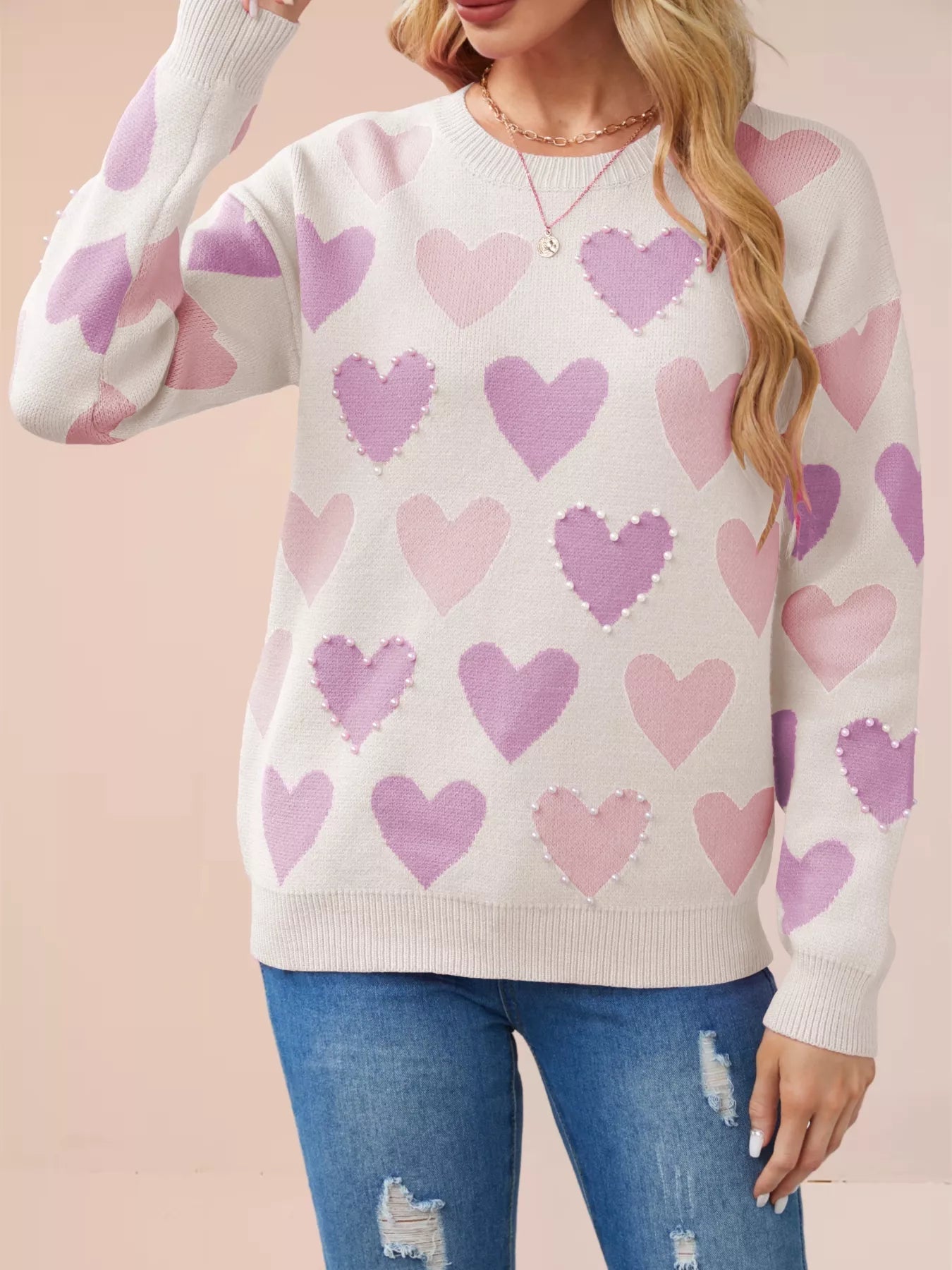 Heart Pattern Beaded Round Neck Sweater designed for comfort and style at Lookzlike